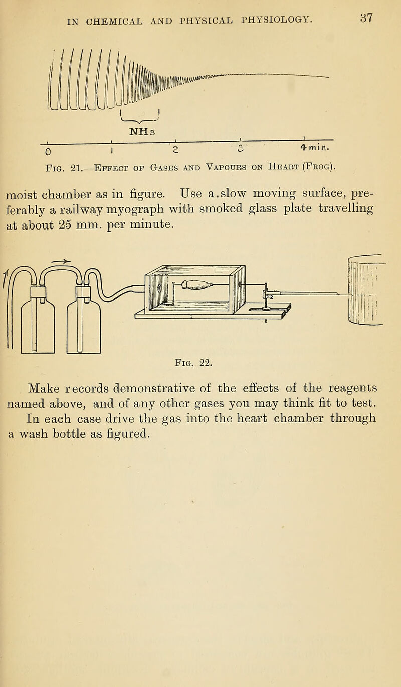pP^w^^ NHs 0 I 2 3 4-min. Fig. 21.—Effect of Gases and Vapours on Heart (Frog). moist chamber as in figure. Use a.slow moving surface, pre- ferably a railway myograph with smoked glass plate travelling at about 25 mm. per minute. Fig Make records demonstrative of the effects of the reagents named above, and of any other gases you may think fit to test. In each case drive the gas into the heart chamber through a wash bottle as figured.