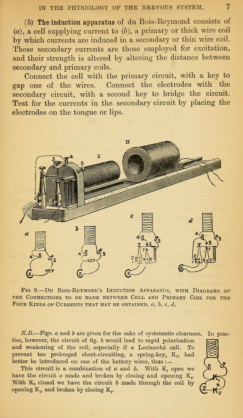 (5) The induction apparatus of clu Bois-Eeymond consists of (a), a cell supplying current to (6), a primary or thick wire coil by which currents are induced in a secondary or thin wire coil. These secondary currents are those employed for excitation, and their strength is altered by altering the distance between secondary and primary coils. Connect the cell with the primary circuit, with a key to gap one of the wires. Connect the electrodes with the secondary circuit, with a second key to bridge the circuit. Test for the currents in the secondary circuit by placing the electrodes on the tongue or lips. Pig 9.—Du Bois-Retmond's Induction Apparatus, with Diagrams op THE Connections to be made between Cell and Primary Coil for the Four Kinds op Currents that mat be obtained, a, h, c, d. N.B.—Figs, a and 6 are given for the sake of systematic clearness, tise, however, the circuit of fig. h would lead to rapid polarisation and weakening of the cell, especially if a Leclanche cell. To prevent too prolonged short-circuiting, a spring-key, Ko, had better be introduced on one of the battery wires, thus: — This circuit is a combination of a and 6. With K, open we have the circuit a made and broken by closing and opening K2. With Ko closed we have the circuit b made through the coil by opening Kj, and broken by closing Kj. In prac-