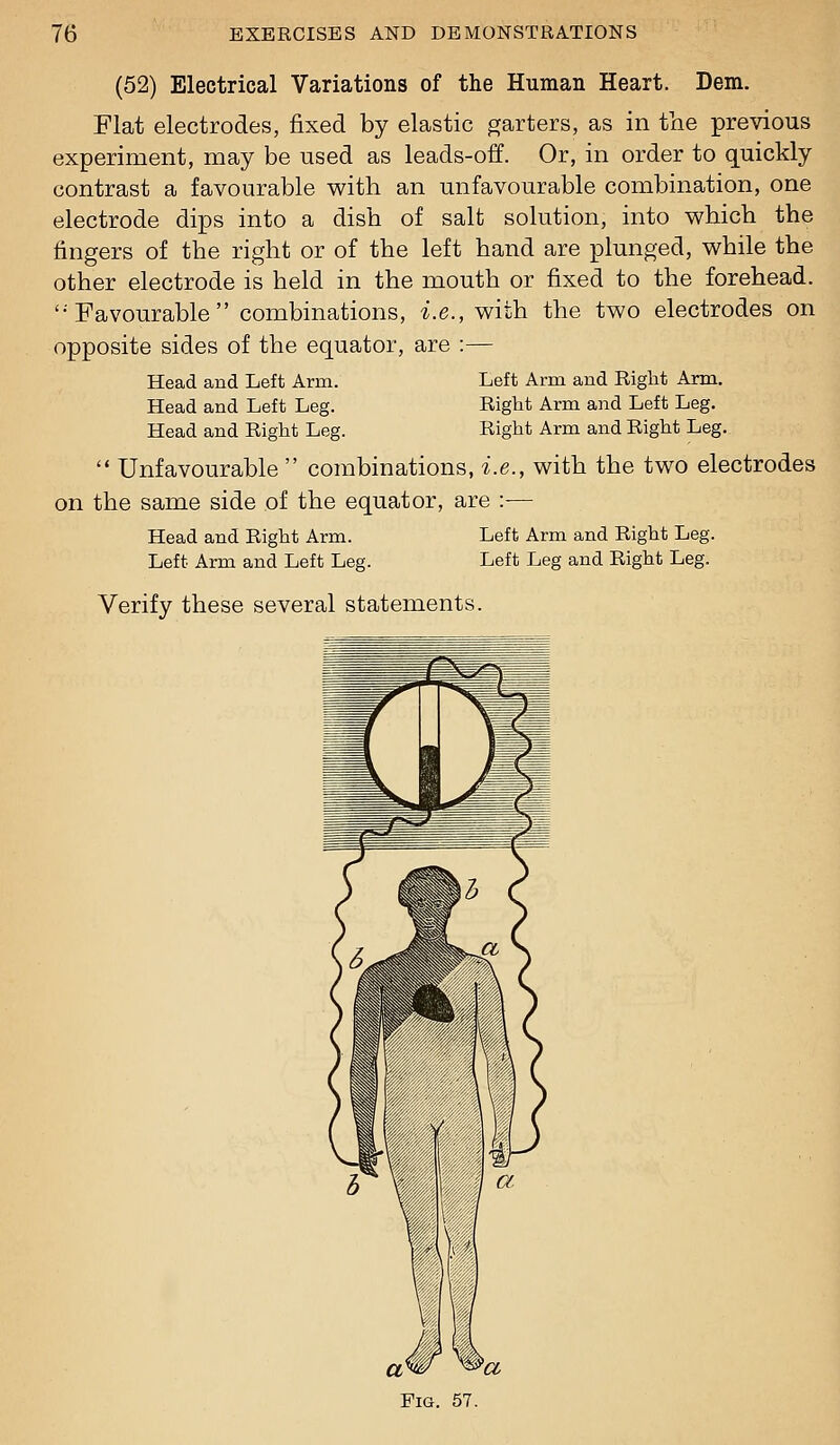 (52) Electrical Variations of the Human Heart. Dem. Flat electrodes, fixed by elastic carters, as in the previous experiment, may be used as leads-off. Or, in order to quickly contrast a favourable with an unfavourable combination, one electrode dips into a dish of salt solution, into which the fingers of the right or of the left hand are plunged, while the other electrode is held in the mouth or fixed to the forehead. '•Favourable combinations, i.e., with the two electrodes on opposite sides of the equator, are :— Head and Left Arm. Head and Left Leg. Head and Right Leg.  Unfavourable  combinations, i.e., with the two electrodes on the same side of the equator, are :— Head and Right Arm. Left Arm and Right Leg. Left Arm and Left Leg. Left Leg and Right Leg. Verify these several statements. Left Arm and Right Arm. Right Arm and Left Leg. Right Arm and Right Leg.