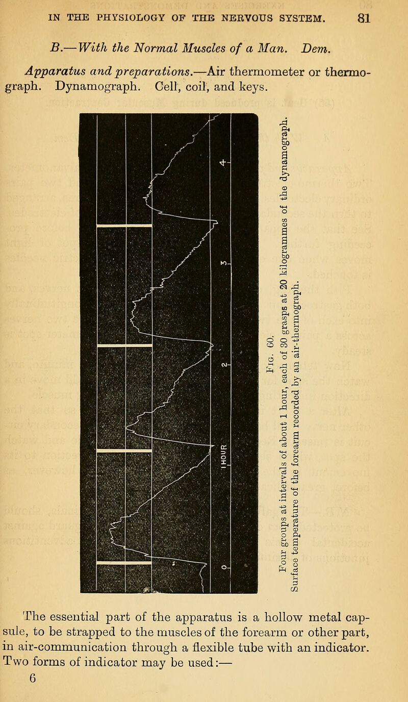 B.— With the Normal Muscles of a Man. Dem. Apparatus and preparations.—Air thermometer or thermo- graph. Dynamograph. Gell, coil, and keys. The essential part of the apparatus is a hollow metal cap- sule, to be strapped to the muscles of the forearm or other part, in air-communication through a flexible tube with an indicator. Two forms of indicator may be used:— 6