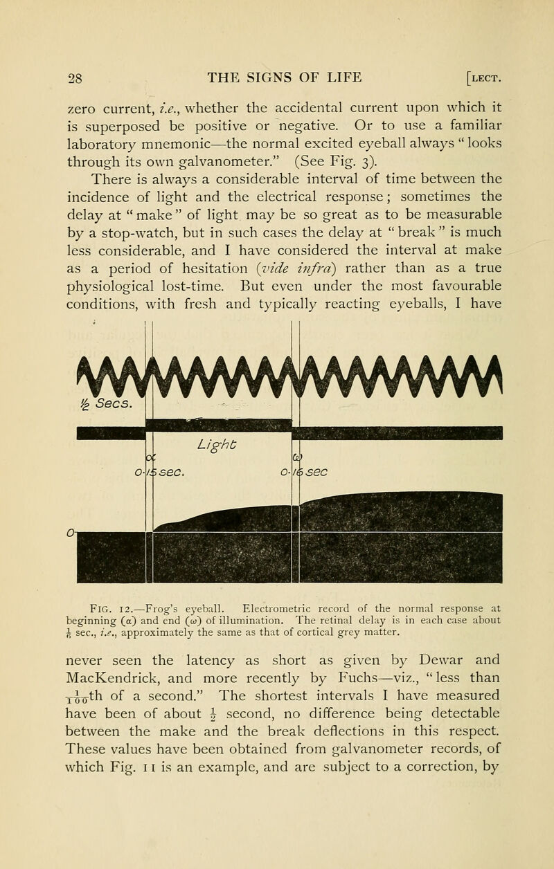 zero current, i.e., whether the accidental current upon which it is superposed be positive or negative. Or to use a familiar laboratory mnemonic—the normal excited eyeball always  looks through its own galvanometer. (See Fig. 3). There is always a considerable interval of time between the incidence of light and the electrical response; sometimes the delay at make of light may be so great as to be measurable by a stop-watch, but in such cases the delay at  break  is much less considerable, and I have considered the interval at make as a period of hesitation iinde infra) rather than as a true physiological lost-time. But even under the most favourable conditions, with fresh and typically reacting eyeballs, I have Fig. 12.—Frog's eyeball. Electrometric record of the normal response at beginning (a) and end (w) of illumination. The retinal delay is in each case about \ sec, /.(?., approximately the same as that of cortical grey matter. never seen the latency as short as given by Dewar and MacKendrick, and more recently by Fuchs—viz.,  less than Y^xr^h of a second. The shortest intervals I have measured have been of about \ second, no difference being detectable between the make and the break deflections in this respect. These values have been obtained from galvanometer records, of which Fig. 11 is an example, and are subject to a correction, by