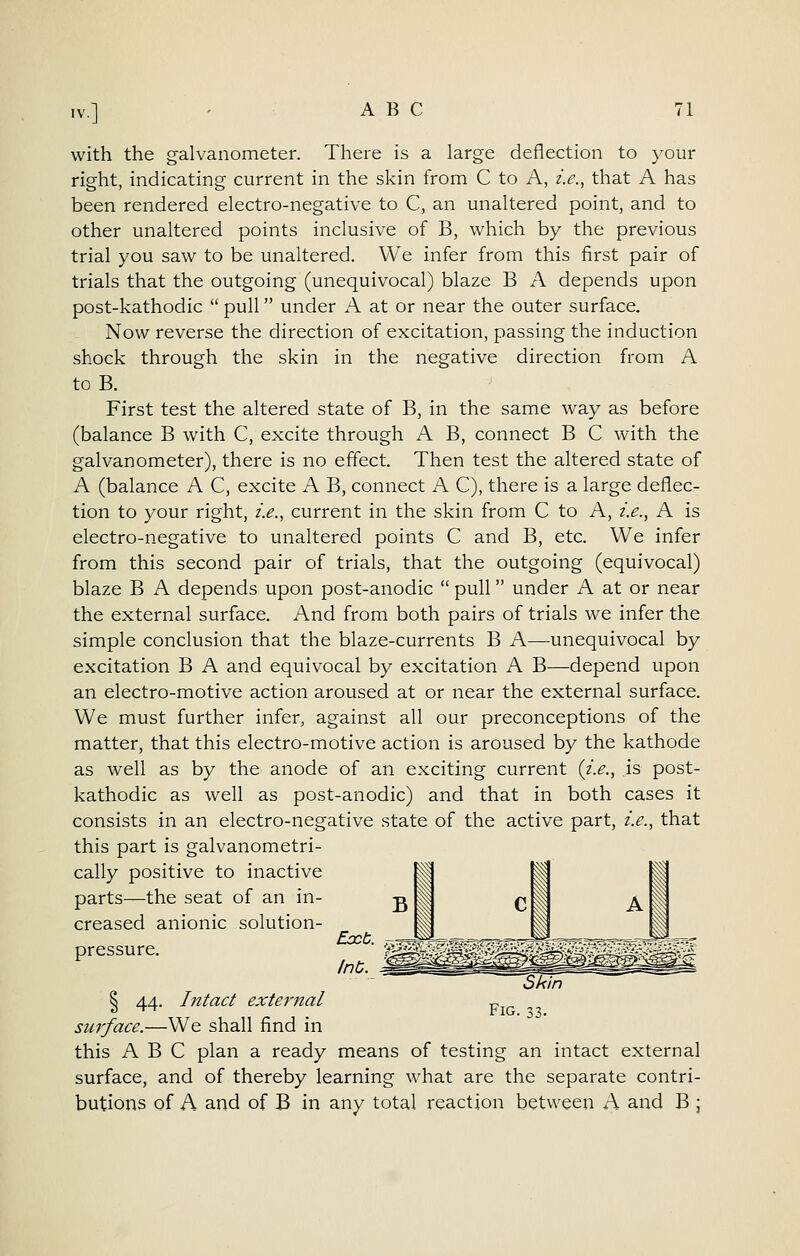 with the galvanometer. There is a large deflection to your right, indicating current in the skin from C to A, i.e., that A has been rendered electro-negative to C, an unaltered point, and to other unaltered points inclusive of B, which by the previous trial you saw to be unaltered. We infer from this first pair of trials that the outgoing (unequivocal) blaze B A depends upon post-kathodic  pull under A at or near the outer surface. Now reverse the direction of excitation, passing the induction shock through the skin in the negative direction from A to B. First test the altered state of B, in the same way as before (balance B with C, excite through A B, connect B C with the galvanometer), there is no effect. Then test the altered state of A (balance A C, excite A B, connect A C), there is a large deflec- tion to your right, i.e., current in the skin from C to A, i.e., A is electro-negative to unaltered points C and B, etc. We infer from this second pair of trials, that the outgoing (equivocal) blaze B A depends upon post-anodic  pull under A at or near the external surface. And from both pairs of trials we infer the simple conclusion that the blaze-currents B A—unequivocal by excitation B A and equivocal by excitation A B—depend upon an electro-motive action aroused at or near the external surface. We must further infer, against all our preconceptions of the matter, that this electro-motive action is aroused by the kathode as well as by the anode of an exciting current {i.e., is post- kathodic as well as post-anodic) and that in both cases it consists in an electro-negative state of the active part, i.e., that this part is galvanometri- cally positive to inactive parts—the seat of an in- creased anionic solution- pressure. Fig. 33. § 44. Intact external surface.—We shall find in this ABC plan a ready means of testing an intact external surface, and of thereby learning what are the separate contri- butions of A and of B in any total reaction between A and B ;