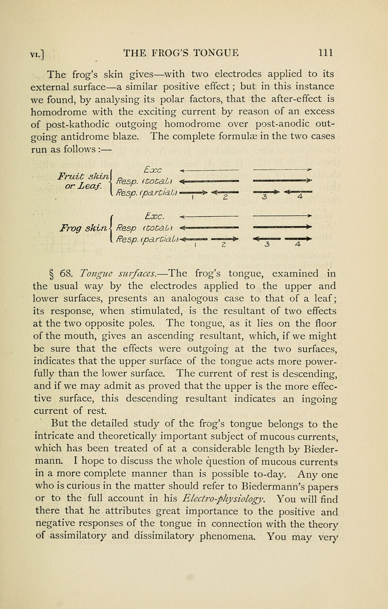 The frog's skin gives—with two electrodes applied to its external surface—a similar positive effect; but in this instance we found, by analysing its polar factors, that the after-effect is homodrome with the exciting current by reason of an excess of post-kathodic outgoing homodrome over post-anodic out- going antidrome blaze. The complete formulae in the two cases run as follows :— Eccc Fruit skim □ ,^^^^,, ^ or Leaf. \Resp.(t:otaL) ^ '> Eacc. Frog skin\ Resp (bocab) Resp. (parCiaL)' I 68. Tongue surfaces.—The frog's tongue, examined in the usual way by the electrodes applied to the upper and lower surfaces, presents an analogous case to that of a leaf; its response, when stimulated, is the resultant of two effects at the two opposite poles. The tongue, as it lies on the floor of the mouth, gives an ascending resultant, which, if we might be sure that the effects were outgoing at the two surfaces, indicates that the upper surface of the tongue acts more power- fully than the lower surface. The current of rest is descending, and if we may admit as proved that the upper is the more effec- tive surface, this descending resultant indicates an ingoing current of rest. But the detailed study of the frog's tongue belongs to the intricate and theoretically important subject of mucous currents, which has been treated of at a considerable length by Bieder- mann. I hope to discuss the whole question of mucous currents in a more complete manner than is possible to-day. Any one who is curious in the matter should refer to Biedermann's papers or to the full account in his Electro-physiology. You will find there that he attributes great importance to the positive and negative responses of the tongue in connection with the theory of assimilatory and dissimilatory phenomena. You may very