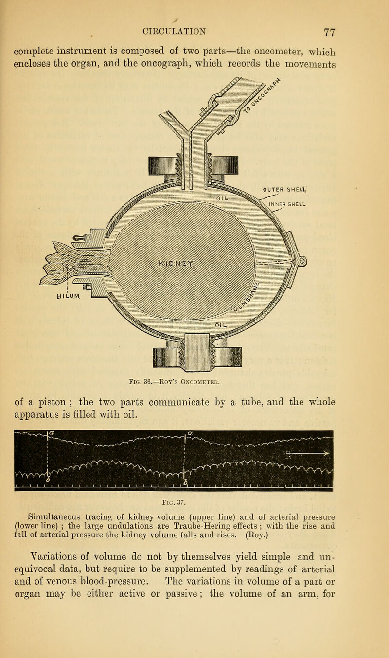 complete instrument is composed of two parts—the oncometer, which encloses the organ, and the oncograph, which records the movements Fig. 36.—Roy's Oxco.metei;. of a piston ; the two parts communicate by a tube, and the whole apparatus is filled with oil. ^-Vyyv-t^ Simultaneous tracing of kidney volume (upper line) and of arterial pressure (lower line) ; the large undulations are Traube-Hering effects ; with the rise and fall of arterial pressure the kidney volume falls and rises. (Roy.) Variations of volume do not by themselves yield simple and un- equivocal data, but require to be supplemented by readings of arterial and of venous blood-pressure. The variations in volume of a part or organ may be either active or passive; the volume of an arm, for