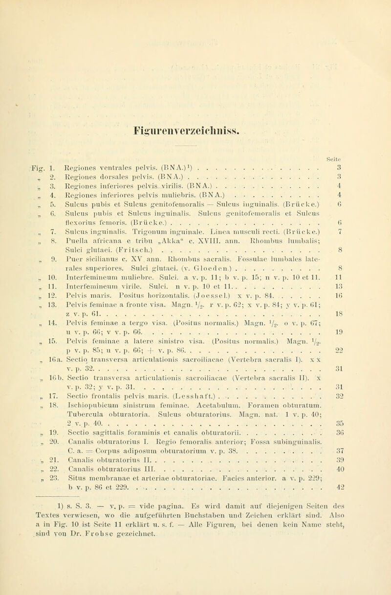 Fijini'cin erzeicliiiiss. Seite Fig. 1. Reg-iones ventrales jidvis. (15NA.)') 3 „ 2. Reg-iones dorsales pelvis. (BNA.) 3 „ 3. Reg'iones inferiores pelvis virilis. (P>NA.) 4 „ 4. Regiones inferiores pelvis nmliebris. (BNA.) 4 Tl. Snk-us pubis et Sulcus genitol'enioralis — Sulcus iiiguinalis, (Brücke.) (> „ (i. Sulcus pubis et Sulcus inguinalis. Sulcus genitolcmoralis et Sulcus ttexorius femoris. (Brücke.) 6 „ 7. Sulcus inguinalis. Trig(unini inguinale. Linea nmsculi recti. (Brücke.) 7 „ 8. Puella alricana e tribu „Akka c. XVIII. ann. Rhombus lumbalis; Sulci glutaei. (Fritsch.) 8 „ 0. l'ucr sicilianiis c. XV aiiu. l;lionil)Us sacralis. Fossulac lumbales late- rales suijcriores. Sulci glutaei. (v. Oloedcn.) S „ 10. Intcrfemiueum muliebre. Sulci. a v. p. 11; b v. p. 15; n v. p. 10 et 11. 11 „ 11. Interfemineum virile. Sulci. n v. p. 10 et 11 13 „ 12. Pelvis maris. Positus borizontalis. (Joessel.) x v. p. 84 IG ., 13. Pelvis feminae a fronte visa. Älagn. V2- i ^'-P- C2; x v. p. 84; y v. p. (jl; z v. p. Gl 18 „ 14. Pelvis feminae a tergo visa,. (Positus uormalis.) Magn. '/a-  ^'- P- '■'^i u V. p. GG; v V. |). G6 19 „ 15. Pelvis feminae a latere sinistro visa. (Positus uormalis.) Magn. ^j.,. ]) v. p. 85; n v. p. 6G; + v. p. 8() 22 , IGa. Sectio transversa articulatiouis sacroiliacae (Vertebra sacralis 1). xx V. p. 32 31 ,, 1Gb. Sectio transversa articulatiimis sacroiliacae (Vertebi-a sacralis II). x V. p. 32; y V. p. 31 31 y, 17. Sectio frontalis pelvis maris. (Lessliaft.) 32 ,, 18. Iscliiopubicuin sinistrum feminae. Acetabulum. Forauien obturatum. Tubercula obturatoria. Sulcus obturatorius. Magn. nat. 1 v. j). 40; 2 V. p. 40 35 ,, 19. Sectio sagittalis foraminis et canalis obturatorii 36 „ 20. Canalis obturatorius I. Regio femoralis anterior; Fossa subinguinalis. C. a. = Corpus adipo.sTim obturatorium v. p. 38 37 „ 21. Canalis obturatorius 11 .'(9 „ 22. Canalis obturatorius III 40 „ 23. Situs membranae et arteriae obturatoriae. Facies anterior, a v. p, 229; b v. p. 8G et 229. 42 1) s. S. 3. — V. p. = vide pagina. F,s ^vird damit aiif diejenig'en Seiten des Textes verwiesen, wo die aufgefülirten Buchstaben und Zeichen erklärt sind. Also a in Fig. 10 ist Seite 11 erklärt u. s. f. — Alle Figuren, bei denen kein Name steht, sind von Dr. Frohse gezeichnet.