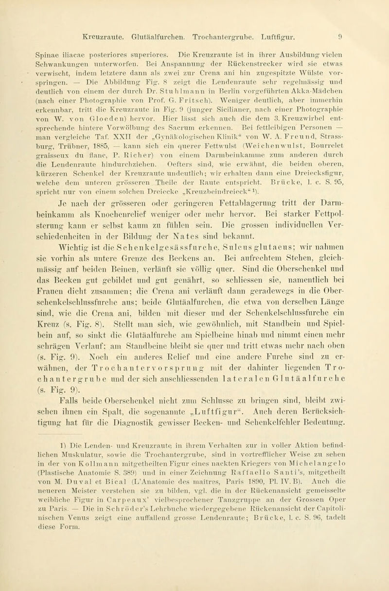 Spinae iliacae posteriores superiores. Die Kreuzraute ist in ihrer Ausbildung vielen Schwankiins'en unterworfen. Bei Anspannung' der Rückenstrecker wird sie etwas verwischt, indem letztere dann als zwei zur Crena ani hin zugespitzte Wülste vor- springen. — Die Abbildung Fig. 8 zeigt die Lendenraute sehr regelmässig und deutlich von einem der durch Dr. Stuhlmanu in Berlin vorgeführten Akka-Mädchen (nach einer Photographie von Prof. O. Fritsch). Weniger deutlich, aber immerhin erkennbar, tritt die Kreuzraute in Fig. 9 (junger Sicilianer, nach einer Photographie von W. von Oloeden) hervor. Hier lässt sich auch die dem 3. Kreuzwirbel ent- sprechende hintere Vorwölbnng' des Sacrum erkennen. Bei fettleibigen Personen — man vergleiche Taf. XXII der „Gynäkologischen Klinik von W.A.Freund, Rtrass- burg, Trübner, 1885, — kann sich ein querer Fettwulst (Wei chen wulst, Bourrelet graisseux du flanc, P. Richer) von einem Darmbeinkamme zum anderen durch die Lendenraute hindurchziehen. Oefters sind, wie erwähnt, die beiden oberen, kürzeren Schenkel der Kreuzraute undeutlich; wir erlialten dann eine Dreiecksfigur, welche dem unteren grösseren Theile der Raute entspricht. Brücke, 1. c. S. 95, spricht nur von einem solchen Dreiecke „Kreu/.beindreieck'). Je iiaeli der g-rösseren oder geringeren Fettaltlag-ening tritt der Darni- beinkamm als Knoelienvelief weniger oder melir liervor. Bei starker Fettpol- sterung' kann er selbst kaum zu fülilen sein. Die grossen individuellen Ver- scbiedenheiten in der Bildung der Nates sind bekannt. Wichtig ist die Schenkelgesässfurche, Sulcus glutaeus; wir nalimen sie vorhin als untere Cirenze des Beekens an. Bei aufrechtem .Stehen, gleich- massig auf beiden Beinen, verläuft sie völlig quer. Sind die Oberschenkel und das Becken gut gebildet und gut genährt, so schliessen sie, namentlich bei Frauen dicht zusammen; die Crena ani verläuft dann geradewegs in die Ober- schenkelschlussfurclie aus; beide Glutäalfurchen, die etwa von derselben Länge sind, wie die Crena ani, bilden mit dieser und der Schenkelschlussfurche ein Kreuz (s. Fig. 81. Stellt man sich, wie gewöhnlich, mit Standhein und Spiel- bein auf, so sinkt die fllutäalfurche am Sjjielbeine hinab und nimmt einen mehr schrägen Verlauf: am Standbeine bleibt sie quer und ti-itt etwas mehr nach oben (s. Fig. 9). Noch ein anderes Relief und eine andere Fnrclie sind zu er- wähnen, der T r 0 ch an ter vo r s^tru ng mit der dahinter liegenden Tro- c h a n t e r g r u b e und der sich anschliessenden lateralen G1 u t ä a 1 f u r c h e (s. Fig. 9). Falls lieide Oberschenkel nicht zum Schlüsse zu bringen sind, l)leibt zwi- schen ihnen ein Spalt, die sogenannte „Luftfigur. Auch deren Berücksich- tigung hat für die Diagnostik gewisser Becken- und Schenkelfehler Bedeutung. 1) Die Lenden- und Kreuzraute in iln-em Verhalten zur in voller Aktion befind- lichen Muskulatur, sowie die Trochantergrube, sind in vortrefflicher Weise zu sehen in der von Kollmann mitgetheilten Figur eines nackten Kriegers von Michelangelo (Plastische Anatomie S. 389) und in einer Zeichnung Raffaello Santi's, mitgetheilt von M. Duval et Bical (L'Anatomie des maitres, Paris 1890, PI. IV. B). Auch die neueren Meister verstehen sie zu bilden, vgl. die in der Rückenansicht gemeissclte weibliche Figur in Carpeaux' vielbesprochener Tanzgruppe an der Grossen Oper zu Paris. — Die in Schröder's Lehrbuche wiedergeg'ebene Rückenansieht der Capitoli- nischen Venus zeigt eine auffallend grosse Lendenraute; Brücke, I.e. S. 96, tadelt diese Form.