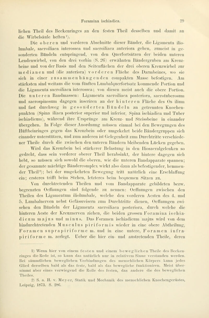 liehen Tlieil des Beekenringes an den festen Tlieil desselben und damit an die Wirbelsäule heften'). Die oberen und vorderen Abschnitte dieser Bänder, die Ligamenta ilio- lumbale, sacrniliaea iuterossea und saeroiliaca anteriora gehen, zumeist in ge- sonderten Bündeln entspringend, von den Querfortsätzen der beiden unteren Lendenwirbel, son den drei vorhin uS. 26) erwähnten Bändergruben am Kreuz- beine und von der Basis und den Seitenflächen der drei oberen Kreuzwirljel zur medianen und (die anteriora) vorderen Fläche des Darmbeines, wo sie sich in einer zusammenhängenden conipakten Masse befestigen. Am stärksten sind weitaus die vom fünften Lumbalquerfortsatz kommende Portion und die Ligamenta saeroiliaca iuterossea; von diesen meist auch die obere l'ortion. Die unteren Bandmassen: Ligamenta saeroiliaca posteriora, sacrotuberosura inid sacrospinosum dagegen inseriren an der hinteren Fläche des Os ilium und fast durchweg in gesonderten Bündeln an getrennten Knochen- punkten (Spina iliaca posterior superior und inferior, Spina ischiadica und Tuber ischiadicum), während ihre Ursprünge am Kreuz- und Steissbeine in einander übergehen. In Folge dieser Anordnung müssen einmal bei den Bewegungen des Ilüftbeinringes gegen das Kreuzbein oder umgekehrt beide Bändergruppen sich einander unterstützen, und zum anderen ist Gelegenheit zum Durchtritte verschiede- ner Theile durch die zwischen den unteren Bändern bleibenden Lücken gegeben. Wird das Kreuzbein bei stärkerer Belastung in den lliosacralgelenken so gedreht, dass sein vorderer oberer Theil herabsinkt, der hintere dagegen sich hebt, so müssen sich sowohl die oberen, wie die unteren Bandapparate spannen; der gesammte mächtige Bändercomplex wirkt also dann als befestigender, hemmen- der Theil-); bei der umgekehrten licwegung tritt natürlich eine Erschlaffung ein; ersteres trifft beim Stehen, letzteres beim bequemen Sitzen zu. Von durchtretenden Theilen und vom Bandajtparate geltildeten bezw. begrenzten Oeffnnngen sind folgende zu nennen: Oeffnungen zwischen den Theilen des Ligamentum iliolumbale, welche den vorderen Aesten des 4. und 5. Lumbalnerven nebst Gefässreisern zum Durchtritte dienen, Oeffnungen zwi- schen den Bündeln der Ligamenta saeroiliaca posteriora, durch welche die hinteren Aeste der Kreuznerven ziehen, die beiden grossen Foramina ischia- dicum majus und minus. Das Foramen ischiadicum niajus wird von dem hindurchtretenden Älusculus piriformis wieder in eine obere Abtheilung, F o r a ni e n s u p r a j) i r i f o r m e m. und in eine untere, F o r a ni e n i n f r a- piri forme m. zerlegt. Uebcr die hier ein- und austretenden Theile, deren 1) Wenn hier von einem festen und oinem b cwcglichoii Tlieile des Recken- riuges die Rede ist, so kann das iiatürlicli nur in relativem Sinne verstaudeii werden. Bei sämiiitlichcn hewegliclieu Veil)iudungen des mensclilichen Körpers kann jedes Glied derselben bald als das tVsti', bald als das bcwogüclie t'unktioniren. Meist über- nimmt aber eines vorwiegend die Rolle des festen, das andere die des beweglichen Theiles. 2) S. a. H. v. Meyer, Statik und Mechanik des menschlichen Knochengerüstes, Leipzig, 1873. S. 286.