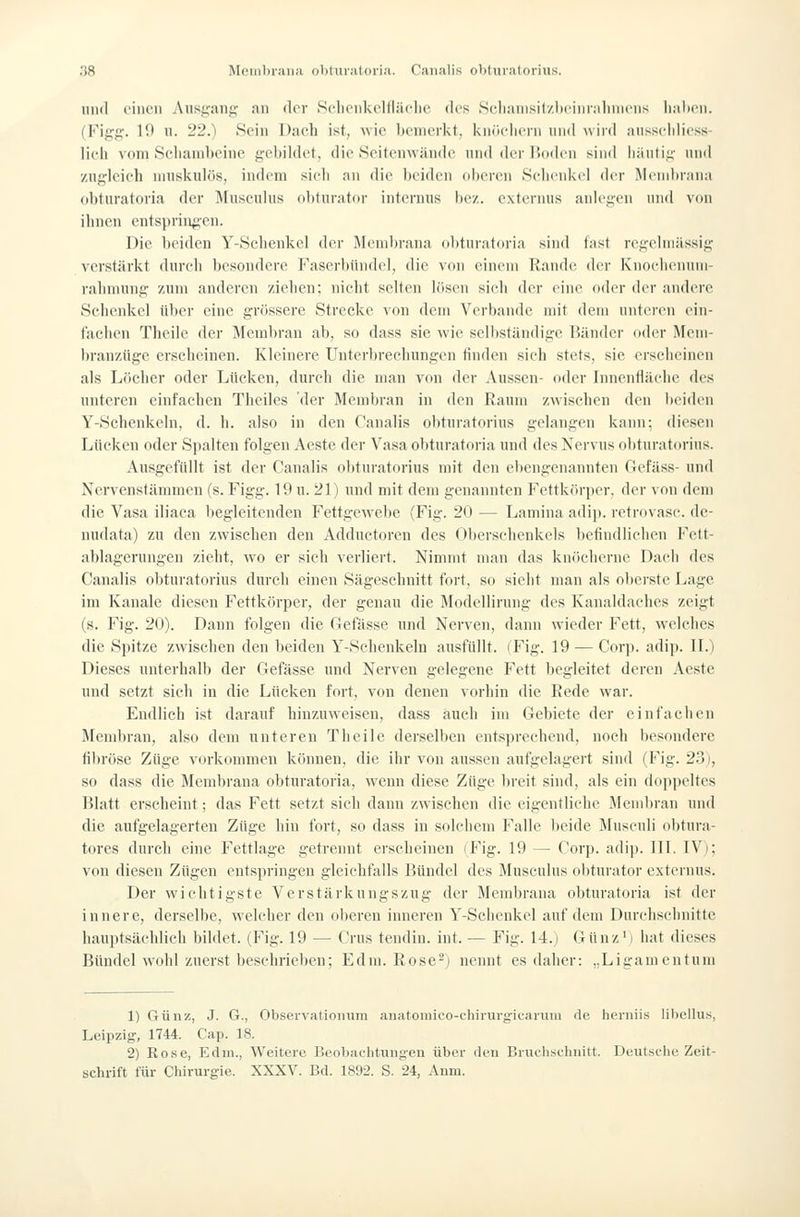1111(1 einen Ausgang an der .Sclienkclfläclie des Sclianisitzbeiiiialnncns lialtcn. (Figg. in u. 22.) Sein Dach ist, mmc l)enierkt, kiniclicni und wird aiissciilicss- licli vom Scliaiiibeine geliildet, die 8eiteinvä)ide und der rxidcii sind iiäutig und zugleich muskulös, indem sich an die lieiden oberen Sclienkrl der Membrana obturatoria der Musculus obturator internus bez. cxternus anlegen und von ihnen entspringen. Die beiden Y-Schenkel der Membrana obturaturia sind fast regelmässig verstärkt durch besondere P^aserbündel, die \dii einem Rande der Knochenum- rahmung zum anderen ziehen: niclit selten lösen sieh der eine oder der andere Schenkel über eine grössere Strecke von dem Verbände mit dem unteren ein- fachen Theile der Membran ab, so dass sie wie selbständige Bänder oder Mcni- branzügc erscheinen. Kleinere Unterbrechungen finden sieh stets, sie erscheinen als Löcher oder Lücken, durch die man von der Aussen- oder Innenfläche des unteren einfachen Theiles der Membran in den Raum zwischen den beiden Y-Schenkcln, d. h. also in den Canalis obturatorius gelangen kann; diesen Lücken oder Spalten folgen Aeste der Vasa obturatoria und des Nervus obturatorius. Ausgefüllt ist der Canalis obturatorius mit den ebengenannten Gefäss- und Nervenstämmen (s. Figg. 19 u. 21) und mit dem genannten Fettkörper, der von dem die Vasa iliaca begleitenden Fettgewebe (Fig. 20 — Lamina adij). retro\asc. de- nudata) zu den zwischen den Addnctorcn des Oberschenkels befindlichen Fett- ablagerungen zieht, wo er sich verliert. Nimmt man das knöcherne Dach des Canalis obturatorius durch einen Sägesehnitt fort, so sieht man als oberste Lage im Kanäle diesen Fettkörper, der genau die Modellirung des Kanaldaches zeigt (s. Fig. 20). Dann folgen die Gefässe und Nerven, dann wieder Fett, welches die Spitze zwischen den beiden Y-Sehenkeln ausfüllt. (Fig. 19 — Corp. adip. II.) Dieses unterhalb der Gefässe und Nerven gelegene Fett begleitet deren Aeste und setzt sich in die Lücken fort, von denen vorhin die Rede war. Endlich ist darauf hinzuweisen, dass auch im Gebiete der einfachen Membran, also dem unteren Theile derselben entsprechend, noch besondere fibröse Züge vorkommen können, die ihr von aussen aufgelagert sind (Fig. 23), so dass die Membrana obturatoria, wenn diese Züge breit sind, als ein doppeltes Blatt erscheint; das Fett setzt sich dann zwischen die eigentliche Membran und die aufgelagerten Züge hin fort, so dass in solchem Falle beide Musculi obtura- tores durch eine Fettlage getrennt erscheinen iFig. 19 — Corp. adip. 111. IV); von diesen Zügen entspringen gleichfalls Bündel des Musculus obturator externus. Der wichtigste Verstärknngszug der Membrana obturatoria ist der innere, derselbe, welcher den oberen inneren Y-Schenkcl auf dem Durchsclinitte hauptsächlich bildet. (Fig. 19 — Crus tendin. int. — Fig. 14.) Günz'i hat dieses Bündel wohl zuerst beschrieben; Edm. Rose-} nennt es daher: „Ligamentum 1) Günz, J. G., Observationum anatoniico-chii-ui-gi(.'aruiii rte heniiis liliellus, Leipzig, 1744. Cap. 18. 2) Rose, Edm., Weitere Beobachtungen über den Brufhselinitt. Deutsche Zeit- schrift für Chirurgie. XXXV. Bd. 1892. S. 24, Aum.