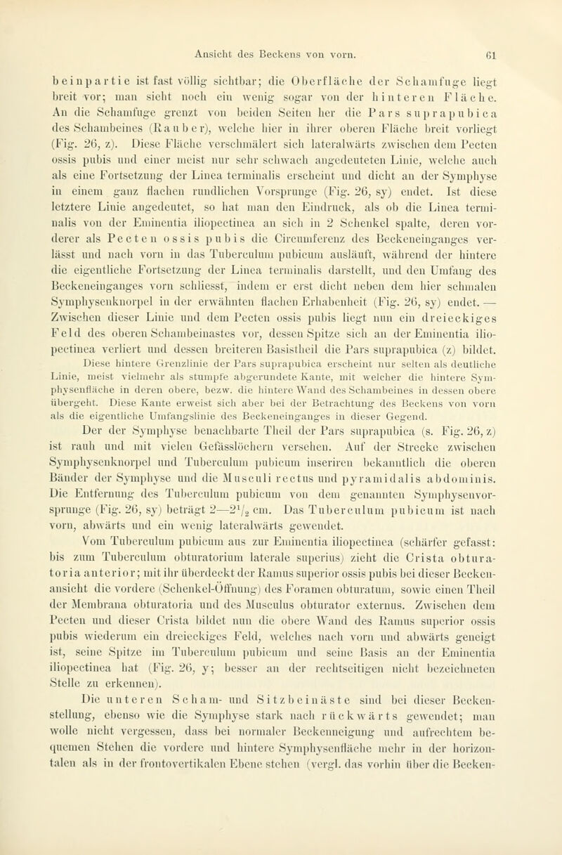 beinpartie ist fast völlig sichtbar; die 01)crf lache der Scham fuge liegt breit vor; mau sieht noch ein wenig sogar von der hinteren Fläche. An die Schamfuge grenzt von beiden Seiten her die Pars s u p r a p u b i c a des Schambeines (liauber), welche hier in ihrer oberen Fläche breit vorliegt (Fig. 26, z). Diese Fläche verschmälert sich lateralwärts zwischen dem l'ecten ossis pubis und einer meist nur sehr schwach angedeuteten Linie, welche auch als eine Fortsetzung der Linea terminalis erscheint und dicht an der Symphyse in einem ganz flachen rundlichen Vorsprunge (Fig. 26, sy) endet. Ist diese letztere Linie angedeutet, so hat man den Eindruck, als ob die Linea termi- nalis von der Eminentia iliopectinea an sich in 2 Schenkel spalte, deren vor- derer als Pecten ossis pubis die Circumfereuz des Beckeneinganges ver- lässt und nach vorn in das Tuberculum pubicum ausläuft, während der hintere die eigentliche Fortsetzung der Linea terminalis darstellt, und den Umfang des Beckeueingangcs vorn scliliesst, indem er eist dicht neben dem hier schmalen Symphysenkuorpel in der erwähnten flachen Erhabenheit (Fig. 26, sy) eudet. — Zwischen dieser Linie und dem Pecten ossis pubis liegt nun ein dreieckiges Feld des oberen Schambeinastes vor, dessen Spitze sich an der Eminentia ilio- pectinea verliert und dessen breiteren Basistheil die Pars suprapubica (z) bildet. Diese hintere Grenzlinie der Pars suprapubica erscheint nur selten als deutliche Linie, meist vielmehr als stumpfe abgerundete Kaute, mit welcher die liintere Sym- physenfläche in deren obere, bezw. die hintere Wand des Schambeines in dessen obere übergeht. Diese Kante erweist sich aber bei der Betrachtung des Beckens von vorn als die eigentliche Umt'ang-slinie des Beckeneingauges in dieser Gegend. Der der Symphyse benachbarte Theil der Pars suprapubica (s. Fig. 26, z) ist rauh und mit vielen Gefässlöchcrn versehen. Auf der Strecke zwischen Symphysenknorpel und Tuberculum pubicum inseriren bekanntlich die oberen Bänder der Symphyse und die Musculi rectus und pyramidalis abdominis. Die Entfernung des Tuberculum pubicum von dem genannten Syniphysenvor- sprunge (Fig. 26, syj beträgt 2—2'/.2 cm. Das Tuberculum pubicum ist nach vorn, abwärts und ein wenig lateralwärts gewendet. Vom Tuberculum pubicum aus zur Eminentia iliopectinea (schärfer gefasst: bis zum Tuberculum obturatorium laterale superius) zieht die Crista obtura- toria anterior; mit ihr überdeckt der Kanuis superior ossis pubis bei dieser Becken- ansicht die vordere (Schenkel-Ötfuung) des Foramen obturatum, sowie einen Theil der Membrana obturatoria und des Musculus obturator externus. Zwischen dem Pecten und dieser Crista bildet nun tue obere Wand des Ramus superior ossis pubis wiederum ein dreieckiges Feld, welches nach vorn und abwärts geneigt ist, seine Spitze im Tuberculum pubicum und seine Basis au der Eminentia iliopectinea hat (Fig. 2ij, y; besser an der rechtseitigen nicht bezeichneten Stelle zu erkennen). Die unteren S c h a m- und Sitz b e i n ä s t e sind bei dieser Beeken- stelhmg, ebenso wie die Symphyse stark nach rückwärts gewendet; man wolle nicht vergessen, dass bei normaler Beckenneigung und aufrechtem be- quemen Stehen die vordere und hintere Symphyscnfläche mehr in der horizon- talen als in der frontovertikalen Ebene stehen (vergl. das vorhin über die Becken-