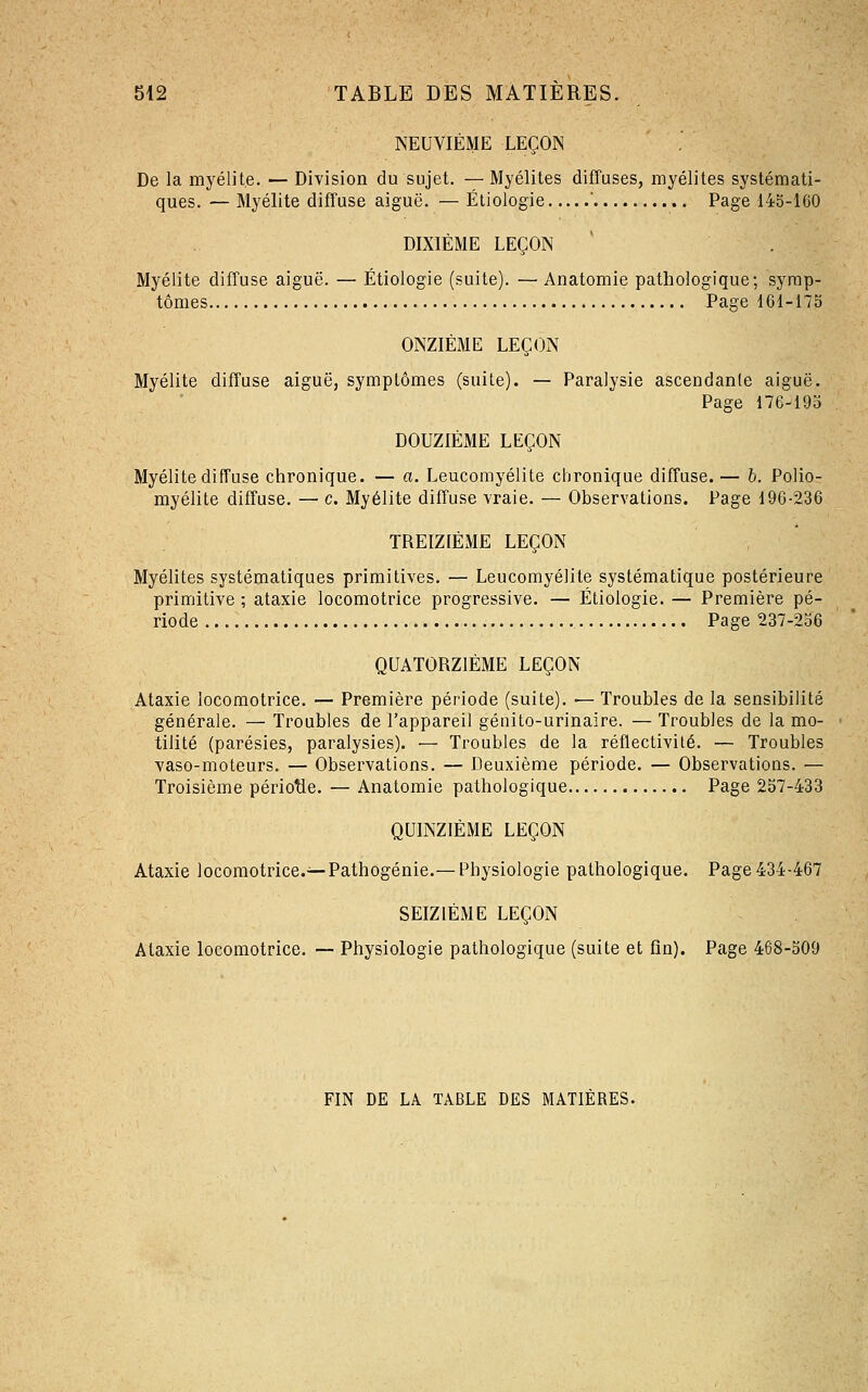 NEUVIÈME LEÇON De la myélite. — Division du sujet. — Myélites diffuses, myélites systémati- ques. — Myélite diffuse aiguë. —Étiologie ' Page 145-160 DIXIÈME LEÇON Myélite diffuse aiguë. — Étiologie (suite). — Anatomie pathologique; symp- tômes Page 161-173 ONZIÈME LEÇON Myélite diffuse aiguë, symptômes (suite). — Paralysie ascendante aiguë. Page 176-195 DOUZIÈME LEÇON Myélite diffuse chronique. — a. Leucomyélite chronique diffuse. — b. Polio- myélite diffuse. —■ c. Myélite diffuse vraie. — Observations. Page 196-236 TREIZIÈME LEÇON Myélites systématiques primitives. — Leucomyélite systématique postérieure primitive ; ataxie locomotrice progressive. — Étiologie. — Première pé- riode Page 237-256 QUATORZIÈME LEÇON Ataxie locomotrice. — Première période (suite). — Troubles de la sensibilité générale. — Troubles de l'appareil géaito-urinaire. — Troubles de la mo- tilité (parésies, paralysies). — Troubles de la réflectivité. — Troubles vaso-moteurs. — Observations. — Deuxième période. — Observations. — Troisième périotie. — Anatomie pathologique Page 257-433 QUINZIÈME LEÇON Ataxie locomotrice.—Pathogénie.— Physiologie pathologique. Page 434-467 SEIZIÈME LEÇON Ataxie locomotrice. — Physiologie pathologique (suite et fin). Page 468-309 FIN DE LA TABLE DES MATIÈRES.