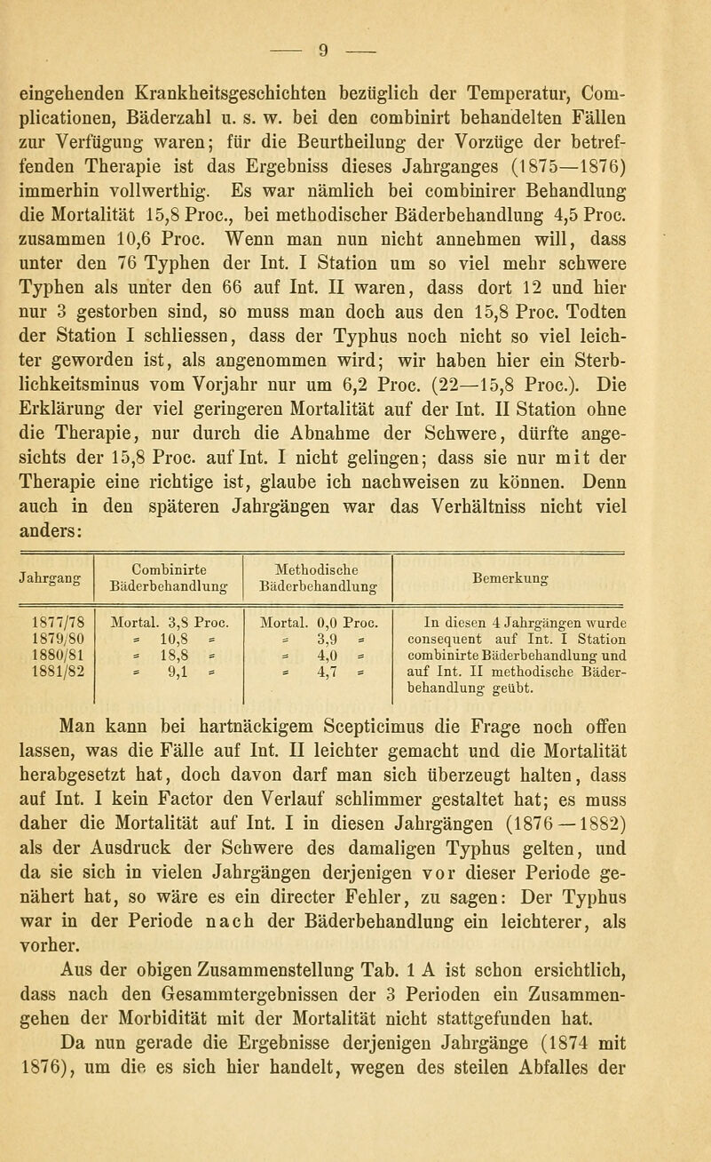eingehenden Krankheitsgeschichten bezüglich der Temperatur, Com- plicationen, Bäderzahl u. s. w. bei den combinirt behandelten Fällen zur Verfügung waren; für die Beurtheilung der Vorzüge der betref- fenden Therapie ist das Ergebniss dieses Jahrganges (1875—1876) immerhin vollwerthig. Es war nämlich bei combinirer Behandlung die Mortalität 15,8 Proc, bei methodischer Bäderbehandlung 4,5 Proc. zusammen 10,6 Proc. Wenn man nun nicht annehmen will, dass unter den 76 Typhen der Int. I Station um so viel mehr schwere Typhen als unter den 66 auf Int. II waren, dass dort 12 und hier nur 3 gestorben sind, so muss man doch aus den 15,8 Proc. Todten der Station I schliessen, dass der Typhus noch nicht so viel leich- ter geworden ist, als angenommen wird; wir haben hier ein Sterb- lichkeitsminus vom Vorjahr nur um 6,2 Proc. (22—15,8 Proc). Die Erklärung der viel geringeren Mortalität auf der Int. II Station ohne die Therapie, nur durch die Abnahme der Schwere, dürfte ange- sichts der 15,8 Proc. auf Int. I nicht gelingen; dass sie nur mit der Therapie eine richtige ist, glaube ich nachweisen zu können. Denn auch in den späteren Jahrgängen war das Verhältniss nicht viel anders: Jahrgang Combinirte Bäderbehandlung Methodische Bäderbehandlung Bemerkung 1877/78 1879/80 1880/81 1881/82 Mortal. 3,8 Proc. = 10,8 = = 18,8 = = 9,1 = Mortal. 0,0 Proc. 3,9 = - 4,0 = 4,7 = In diesen 4 Jahrgängen wurde consequent auf Int. I Station combinirte Bäderbehandlung und auf Int. II methodische Bäder- behandlung geübt. Man kann bei hartnäckigem Scepticimus die Frage noch offen lassen, was die Fälle auf Int. II leichter gemacht und die Mortalität herabgesetzt hat, doch davon darf man sich überzeugt halten, dass auf Int. I kein Factor den Verlauf schlimmer gestaltet hat; es muss daher die Mortalität auf Int. I in diesen Jahrgängen (1876 —1882) als der Ausdruck der Schwere des damaligen Typhus gelten, und da sie sich in vielen Jahrgängen derjenigen vor dieser Periode ge- nähert hat, so wäre es ein directer Fehler, zu sagen: Der Typhus war in der Periode nach der Bäderbehandlung ein leichterer, als vorher. Aus der obigen Zusammenstellung Tab. 1 A ist schon ersichtlich, dass nach den Gesammtergebnissen der 3 Perioden ein Zusammen- gehen der Morbidität mit der Mortalität nicht stattgefunden hat. Da nun gerade die Ergebnisse derjenigen Jahrgänge (1874 mit 1876), um die es sich hier handelt, wegen des steilen Abfalles der
