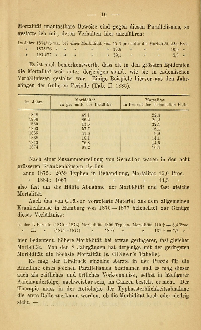 Mortalität unantastbare Beweise sind gegen diesen Parallelismus, so gestatte ich mir, deren Verhalten hier anzuführen: Im Jahre 1874/75 ^av bei einer Morbidität Ton 17,3 pro mille die Mortalität 22,0 Proc. 1875/76 = = = = . 1S,6 = = = 10,5 = 1876,77 = » = = = 39,1 = = * 5,3 = Es ist auch bemerkenswerth, dass oft in den grössten Epidemien die Mortalität weit unter derjenigen stand, wie sie in endemischen Verhältnissen gestaltet war. Einige Beispiele hiervor aus den Jahr- gängen der früheren Periode (Tab. 11. 1885). Im Jahre Morbidität Mortalität in pro mille der Iststärke in Procent der behandelten Fälle 1848 49,1 22,4 1856 86,2 20,2 1860 13,5 32,1 1862 57,7 16,1 1865 41,6 9,9 1868 18,1 14,1 1872 76,8 14,6 1874 97,2 16,4 Nach einer Zusammenstellung von Senator waren in den acht grösseren Krankenhäusern Berlins anno 1875: 2059 Typhen in Behandlung, Mortalität 15,0 Proc. = 1884: 1067 = = = = 14,5 = also fast um die Hälfte Abnahme der Morbidität und fast gleiche Mortalität. Auch das von Gläser vorgelegte Material aus dem allgemeinen Krankenhause in Hamburg von 1870 —1877 beleuchtet zur Genüge dieses Verhältniss: In der I. Periode (1870—1873) Morbidität 1306 Typhen, Mortalität 110 f = 8,4 Proc. = IL = (1874—1877J = 1805 = » 131 t = ,2 - hier bedeutend höhere Morbidität bei etwas geringerer, fast gleicher Mortalität. Von den 8 Jahrgängen hat derjenige mit der geiingsten Morbidität die höchste Mortalität (s. Glas er's Tabelle). Es mag der Eindruck einzelne Aerzte in der Praxis für die Annahme eines solchen Parallelismus bestimmen und es mag dieser auch als zeitliches und örtliches Vorkommniss, selbst in häufigerer Aufeinanderfolge, nachweisbar sein, im Ganzen besteht er nicht. Der Therapie muss in der Aetiologie der Typhussterblichkeitsabnahme die erste Rolle zuerkannt werden, ob die Morbidität hoch oder niedrig steht. —