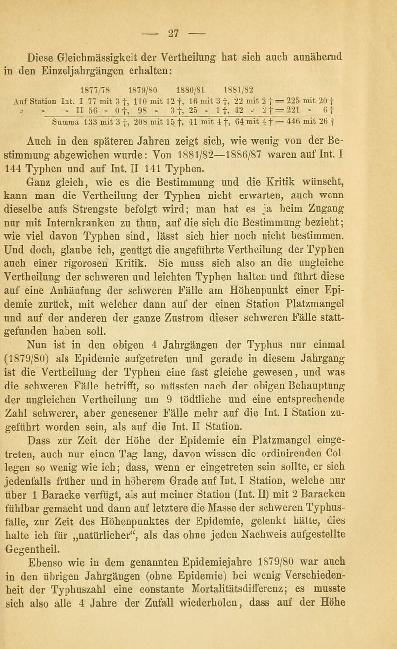 Diese Gleichmässigkeit der Vertheilung hat sich auch aunähernd in den Einzeljahrgängen erhalten: 1877/78 1879/80 1880/81 IS Auf Station Int. I 77 mit 3 f, 110 mit 12 f, 16 mit 3 f, 22 mit 2 f = 225 mit 20 f = II 56 == 01, 98 - 31, 25 ^ 1 t, 42 ^ 21 = 221 ^ 6 t Summa 133 mit 3 f, 208 mit 15 f, H mit 4 f, 64 mit 4 f = 446 mit 26 t Auch in den späteren Jahren zeigt sich, wie wenig von der Be- stimmung abgewichen wurde: Von 1881/82—1886/87 waren auf Int. I 144 Typhen und auf Int. II 141 Typhen. Ganz gleich, wie es die Bestimmung und die Kritik wünscht, kann man die Vertheilung der Typhen nicht erwarten, auch wenn dieselbe aufs Strengste befolgt wird; man hat es ja beim Zugang nur mit Internkranken zu thun, auf die sich die Bestimmung bezieht; wie viel davon Typhen sind, lässt sich hier noch nicht bestimmen. Und doch, glaube ich, genügt die angeführte Vertheilung der Typhen auch einer rigorosen Kritik. Sie muss sich also an die ungleiche Vertheilung der schweren und leichten Typhen halten und führt diese auf eine Anhäufung der schweren Fälle am Höhenpunkt einer Epi- demie zurück, mit welcher dann auf der einen Station Platzmangel und auf der anderen der ganze Zustrom dieser schweren Fälle statt- gefunden haben soll. Nun ist in den obigen 4 Jahrgängen der Typhus nur einmal (1879/80) als Epidemie aufgetreten und gerade in diesem Jahrgang ist die Vertheilung der Typhen eine fast gleiche gewesen, und was die schweren Fälle betrifft, so müssten nach der obigen Behauptung der ungleichen Vertheilung um 9 tödtliche und eine entsprechende Zahl schwerer, aber genesener Fälle mehr auf die Int. I Station zu- geführt worden sein, als auf die Int. II Station. Dass zur Zeit der Höhe der Epidemie ein Platzmangel einge- treten, auch nur einen Tag lang, davon wissen die ordinirenden Col- legen so wenig wie ich; dass, wenn er eingetreten sein sollte, er sich jedenfalls früher und in höherem Grade auf Int. I Station, welche nur über 1 Baracke verfügt, als auf meiner Station (Int. II) mit 2 Baracken fühlbar gemacht und dann auf letztere die Masse der schweren Typhus- fälle, zur Zeit des Höhenpunktes der Epidemie, gelenkt hätte, dies halte ich für „natürlicher, als das ohne jeden Nachweis aufgestellte Gegentheil. Ebenso wie in dem genannten Epidemiejahre 1879/80 war auch in den übrigen Jahrgängen (ohne Epidemie) bei wenig Verschieden- heit der Typhuszahl eine constante Mortalitätsdifferenz; es musste sich also alle 4 Jahre der Zufall wiederholen, dass auf der Höhe