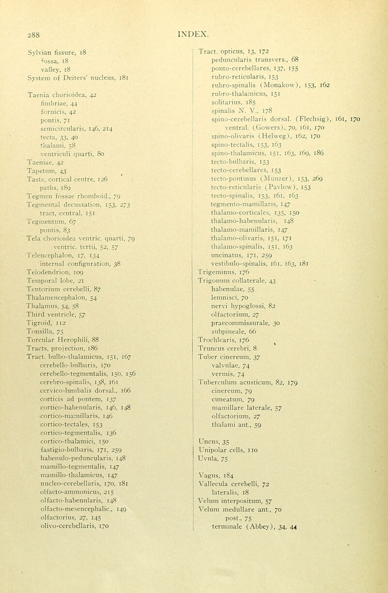 Sylvian fissure, 18 *ossa, 18 valley, 18 System of Deiters' nucleus, 181 Taenia cliorioidea, 42 fimbriae, 44 fornicis, 42 pontis, 71 semicircularis, 146, 214 tecta, 33, 40 thalami, 58 ventriculi quarti. 80 Taeniae, 42 Tapetum, 43 Taste, cortical centre, 126 paths, 189 Tegmen fossae rhomboid., jg Tegmental decussation, 153, 273 tract, central, 151 Tegmentum, 67 pontis, 83 Tela chorioidea ventric. quarti, 79 ventric. tertii, 52, 57 Telencephalon, 17, 134 internal configuration, 38 Telodendrion, 109 Temporal lobe, 21 Tentorium cerebelli, 87 Thalamencephalon, 54 Thalamus, 54, 58 Third ventricle, 57 Tigroid, 112 Tonsilla, 75 Torcular Herophili, 88 Tracts, projection, 186 Tract, bulbo-thalaniicus, 151, 167 cerebello-bulbaris, 170 cerebello-tegmentalis, 150, 156 cerebro-spinalis, 138, i6r cervico-lumbalis dorsal., 166 corticis ad pontem, 137 cortico-habenularis, 146, 148 cortico-mamillaris, 146 cortico-tectales, 153 cortico-tegmentalis, 136 cortico-thalamici, 150 fastigio-bulbaris, 171, 259 habenulo-peduncularis, 148 mamillo-tegmentalis, 147 mamillo-thalamicus, 147 nucleo-cerebellaris, 170, 181 olfacto^ammonicus, 215 olfacto-habenularis, 148 olfacto-mesencephalic, 149 olfactorius, 27, 145 olivo-cerebellaris, 170 Tract, opticus, 13, 172 peduncularis transvers., 68 ponto-cerebellares, 137, 155 rubro-reticularis, 153 rubro-spinalis (Monakow), 153, 162 rubro-thalamicus, 151 soKtarius, 185 spinalis N. V., 178 spino-cerebellaris dorsal. (Flechsig), 161, 170 ventral. (Gowers), 70, 161, 170 spino-olivaris (Helweg), 162, 170 spino-tectalis, 153, 163 spino-thalamicus, 151, 163, 169, 186 tecto-bulbaris, 153 tecto-cerebellares, 153 tecto-pontinus (Miinzer), 153, 269 tecto-reticularis (Pavlow), 153 tecto-spinalis, 153, 161, 163 tegmento-mamillaris, 147 thalamo-corticales, 135, 150 thalamo-habenularis, 148 thalamo-mamillaris, 147 thalamo-olivaris, 151, 171 thalamo-spinalis, 151, 163 uncinatus, 171, 259 vestibulo-spinalis, 161, 163, 181 Trigeminus, 176 Trigonum coUaterale, 43 habenulae, 55 lemnisci, 70 nervi hypoglossi, 82 olfactorium, 27 praecommissurale, 30 subpineale, 66 Trochlearis, 176 Truncus cerebri, 8 Tuber cinereum, 37 valvulae, 74 vermis, 74 Tuberculum acusticum, 82, 179 cinereum, 79 cuneatum, 79 mamillare laterale, 57 olfactorium, 27 thalami ant., 59 Uncus, 35 Unipolar cells, no Uvula, 7S Vagus, 184 Vallecula cerebelli, 72 lateralis, 18 Velum interpositum, 57 Velum medullare ant., 70 post., 75 terminale (Abbey), 34, 44