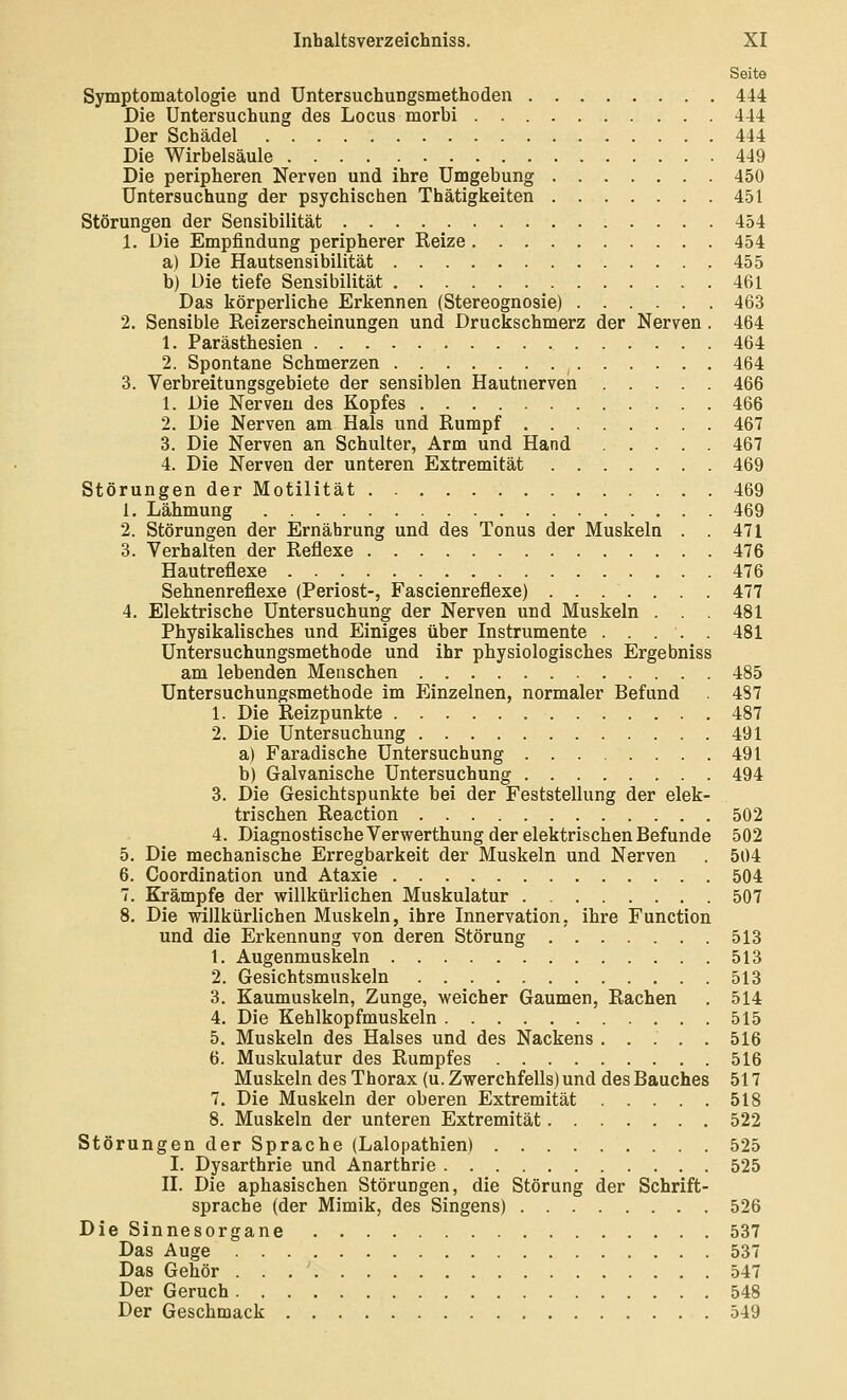 Seite Symptomatologie und Untersuchungsmethoden 444 Die Untersuchung des Locus morbi 444 Der Schädel 444 Die Wirbelsäule 449 Die peripheren Nerven und ihre Umgebung 450 Untersuchung der psychischen Thätigkeiten 451 Störungen der Sensibilität 454 1. Die Empfindung peripherer Reize 454 a) Die Hautsensibilität 455 b) Die tiefe Sensibilität 461 Das körperliche Erkennen (Stereognosie) 463 2. Sensible Reizerscheinungen und Druckschmerz der Nerven. 464 1. Parästhesien 464 2. Spontane Schmerzen ^ 464 3. Verbreitungsgebiete der sensiblen Hautnerven 466 1. Die Nerven des Kopfes 466 2. Die Nerven am Hals und Rumpf 467 3. Die Nerven an Schulter, Arm und Hand 467 4. Die Nerven der unteren Extremität 469 Störungen der Motilität 469 1. Lähmung 469 2. Störungen der Ernährung und des Tonus der Muskeln . . 471 3. Verhalten der Reflexe 476 Hautreflexe 476 Sehnenreflexe (Periost-, Fascienreflexe) 477 4. Elektrische Untersuchung der Nerven und Muskeln . . . 481 Physikalisches und Einiges über Instrumente . . . . . 481 Untersuchungsmethode und ihr physiologisches Ergebniss am lebenden Menschen 485 Untersuchungsmethode im Einzelnen, normaler Befund 487 1. Die Reizpunkte 487 2. Die Untersuchung 491 a) Faradische Untersuchung 491 b) Galvanische Untersuchung 494 3. Die Gesichtspunkte bei der Feststellung der elek- trischen Reaction 502 4. Diagnostische Verwerthung der elektrischen Befunde 502 5. Die mechanische Erregbarkeit der Muskeln und Nerven 504 6. Coordination und Ataxie 504 7. Krämpfe der willkürlichen Muskulatur . 507 8. Die willkürlichen Muskeln, ihre Innervation, ihre Function und die Erkennung von deren Störung 513 1. Augenmuskeln 513 2. Gesichtsmuskeln 513 3. Kaumuskeln, Zunge, weicher Gaumen, Rachen . 514 4. Die Kehlkopfmuskeln 515 5. Muskeln des Halses und des Nackens 516 6. Muskulatur des Rumpfes 516 Muskeln des Thorax (u. Zwerchfells) und des Bauches 517 7. Die Muskeln der oberen Extremität 518 8. Muskeln der unteren Extremität 522 Störungen der Sprache (Lalopathien) 525 I. Dysarthrie und Anarthrie 525 II. Die aphasischen Störungen, die Störung der Schrift- sprache (der Mimik, des Singens) 526 Die Sinnesorgane 537 Das Auge 537 Das Gehör . . . ' 547 Der Geruch 548 Der Geschmack 549