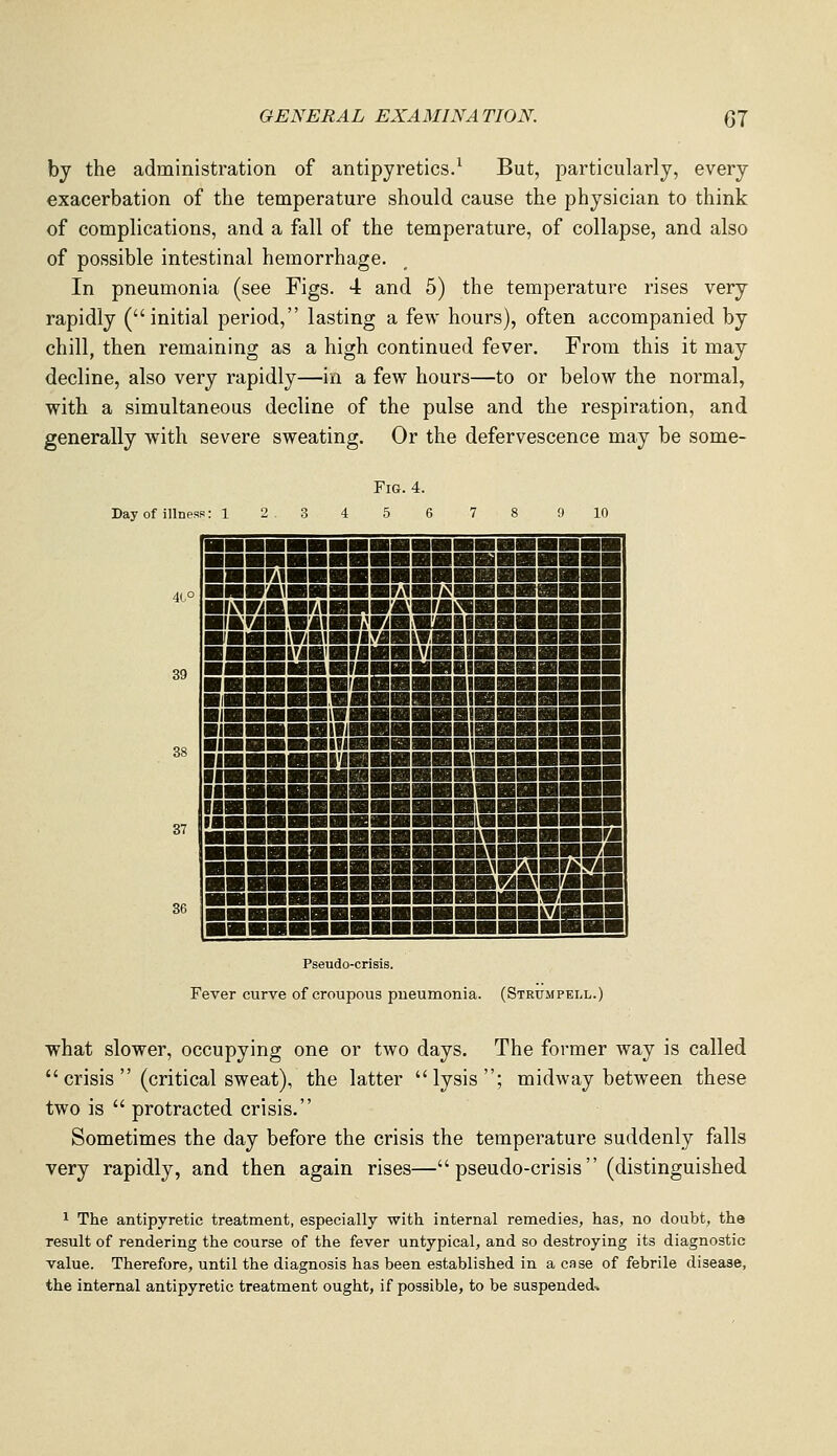 by the administration of antipyretics.^ But, particularly, every exacerbation of the temperature should cause the physician to think of complications, and a fall of the temperature, of collapse, and also of possible intestinal hemorrhage. In pneumonia (see Figs. 4 and 5) the temperature rises very rapidly (initial period, lasting a few hours), often accompanied by chill, then remaining as a high continued fever. From this it may decline, also very rapidly—in a few hours—to or below the normal, with a simultaneous decline of the pulse and the respiration, and generally with severe sweating. Or the defervescence may be some- Fig. 4. Day of illness: 1234 5 6 7 8 niO ■■■■■■■■■■■■■■■■■■H HHHHHHHHIHHHHHIHHHHHH HHHMHHHHHHHHHHHHHHIBi 4( o ■■VAnHHHHrAlHr^HHBHaBH ■MMBHFilHBiamHMnHHHBHH ■ KrjH.VllHKKHiWflllHBHBBH ■■■■WBMHMHkVBRMBHHHH ■■■■riBWMHVMIIHHBHHH Vi ■■■■HBHMHBMmiHBHHHH ■■■■■■■ a55BE!S999BB ■!■■■■■■ ■■■BBIBBHHHH Cto ■MBHBBnaBBBHBIBHBHgg ■(■■■BailiBBBBBWBBBBBB ■{■■■BMIU ■BBBHIBBBBBB o8 ■IBBBBHI'I ■■■■■■■BBBB IIBBBBBB BBBBBBHBBBB IIBBBBBH ■■■BBBHBBBB IIBBBBBB BBBBBlHBBBBB 0*7 6i iSSSSBSB SSSbbISBbbbb BBBBBBB BBBBBMBBBBB BBBBBHH ■BBBBMBStlBfiiiri BBsalss SSsSbbBBs 36 Pseudo-crisis. Fever curve of croupous pneumonia. (Strumpell.) what slower, occupying one or two days. The former way is called  crisis  (critical sweat), the latter lysis; midway between these two is  protracted crisis. Sometimes the day before the crisis the temperature suddenly falls very rapidly, and then again rises— pseudo-crisis (distinguished 1 The antipyretic treatment, especially with internal remedies, has, no doubt, the result of rendering the course of the fever untypical, and so destroying its diagnostic value. Therefore, until the diagnosis has been established in a case of febrile disease, the internal antipyretic treatment ought, if possible, to be suspended*