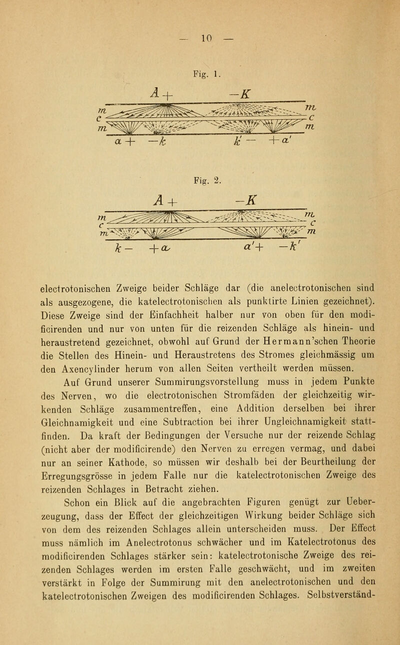 Fig. 1. ii+ -K rn Fig. 2. -K ^£%W^^ z-_,JrL ^m'^mä^^ ^^^w^** k- + a> a'+ — *' electrötonischen Zweige beider Schläge dar (die anelectrotonischen sind als ausgezogene, die katelectrotonischcn als punktirte Linien gezeichnet). Diese Zweige sind der Einfachheit halber nur von oben für den modi- ficirenden und nur von unten für die reizenden Schläge als hinein- und heraustretend gezeichnet, obwohl auf Grund der Hermann'schen Theorie die Stellen des Hinein- und Heraustretens des Stromes gleichmässig um den Axencylinder herum von allen Seiten vertheilt werden müssen. Auf Grund unserer Summirungsvorstellung muss in jedem Punkte des Nerven, wo die electrötonischen Stromfäden der gleichzeitig wir- kenden Schläge zusammentreffen, eine Addition derselben bei ihrer Gleichnamigkeit und eine Subtraction bei ihrer Ungleichnamigkeit statt- finden. Da kraft der Bedingungen der Versuche nur der reizende Schlag (nicht aber der modificirende) den Nerven zu erregen vermag, und dabei nur an seiner Kathode, so müssen wir deshalb bei der Beurtheilung der Erregungsgrösse in jedem Falle nur die katelectrotonischen Zweige des reizenden Schlages in Betracht ziehen. Schon ein Blick auf die angebrachten Figuren genügt zur Ueber- zeugung, dass der Effect der gleichzeitigen Wirkung beider Schläge sich von dem des reizenden Schlages allein unterscheiden muss. Der Effect muss nämlich im Anelectrotonus schwächer und im Katelectrotonus des modificirenden Schlages stärker sein: katelectrotonische Zweige des rei- zenden Schlages werden im ersten Falle geschwächt, und im zweiten verstärkt in Folge der Summirung mit den anelectrotonischen und den katelectrotonischen Zweigen des modificirenden Schlages. Selbstverständ-