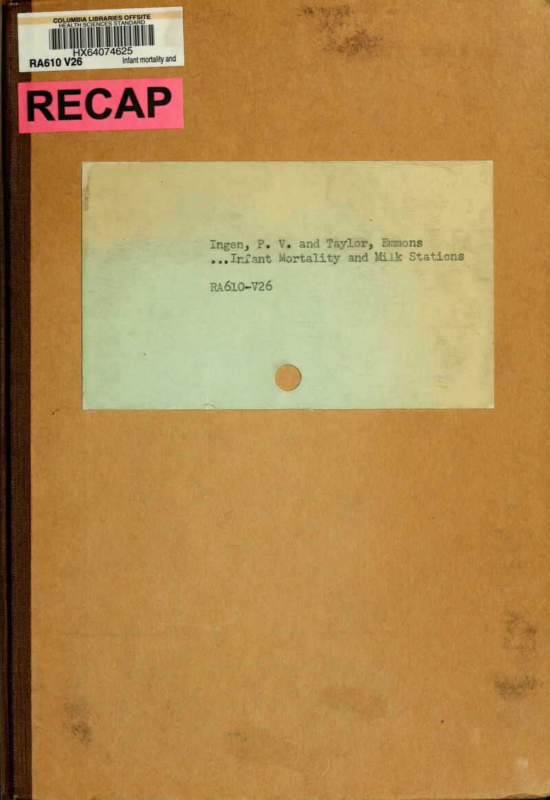 rnLUMBlA LIBRARIES OFFSITE HEALTH SCIENCES STANpAFID HX64074625 RA610 V26 Ifi'a' mortality and RECAP Ingen, P» V, and Taylor, Emmons ..•Infant Mortality and Milk Stations RA610-V26 ; i-^lirt1inJi