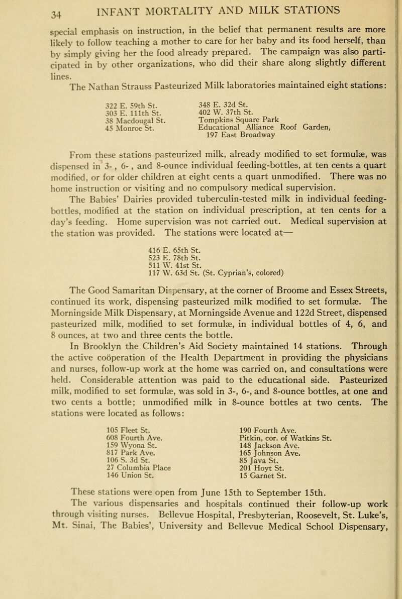 special emphasis on instruction, in the belief that permanent results are more likely to follow teaching a mother to care for her baby and its food herself, than by simply giving her the food already prepared. The campaign was also parti- cipated in by other organizations, who did their share along slightly different lines. The Nathan Strauss Pasteurized Milk laboratories maintained eight stations: 322 E. 59th St. 348 E. 32d St. 303 E. 111th St. 402 W. 37th St. 38 Macdougal St. Tompkins Square Park 45 Monroe St. Educational Alliance Roof Garden, 197 East Broadway From these stations pasteurized milk, already modified to set formulae, was dispensed in 3-, 6-, and 8-ounce individual feeding-bottles, at ten cents a quart modified, or for older children at eight cents a quart unmodified. There was no home instruction or visiting and no compulsory medical supervision. The Babies' Dairies provided tuberculin-tested milk in individual feeding- bottles, modified at the station on individual prescription, at ten cents for a day's feeding. Home supervision was not carried out. Medical supervision at the station was provided. The stations were located at— 416 E. 65th St. 523 E. 78th St. 511 W. 41st St. 117 W. 63d St. (St. Cyprian's, colored) The Good Samaritan Dispensary, at the corner of Broome and Essex Streets, continued its work, dispensing pasteurized milk modified to set formulae. The Morningside Milk Dispensary, at Morningside Avenue and 122d Street, dispensed pasteurized milk, modified to set formulae, in individual bottles of 4, 6, and 8 ounces, at two and three cents the bottle. In Brooklyn the Children's Aid Society maintained 14 stations. Through the active cooperation of the Health Department in providing the physicians and nurses, follow-up work at the home was carried on, and consultations were held. Considerable attention was paid to the educational side. Pasteurized milk, modified to set formulae, was sold in 3-, 6-, and 8-ounce bottles, at one and two cents a bottle; unmodified milk in 8-ounce bottles at two cents. The stations were located as follows: 105 Fleet St. 190 Fourth Ave. 608 Fourth Ave, Pitkin, cor. of Watkins St. 159 Wyona St. 148 Jackson Ave. 817 Park Ave. 165 Johnson Ave. 106 S. 3d St. 85 Java St. 27 Columbia Place 201 Hoyt St. 146 Union St. 15 Garnet St. These stations were open from June 15th to September 15th. The various dispensaries and hospitals continued their follow-up work through visiting nurses. Bellevue Hospital, Presbyterian, Roosevelt, St. Luke's, Mt. Sinai, The Babies', University and Bellevue Medical School Dispensary, j