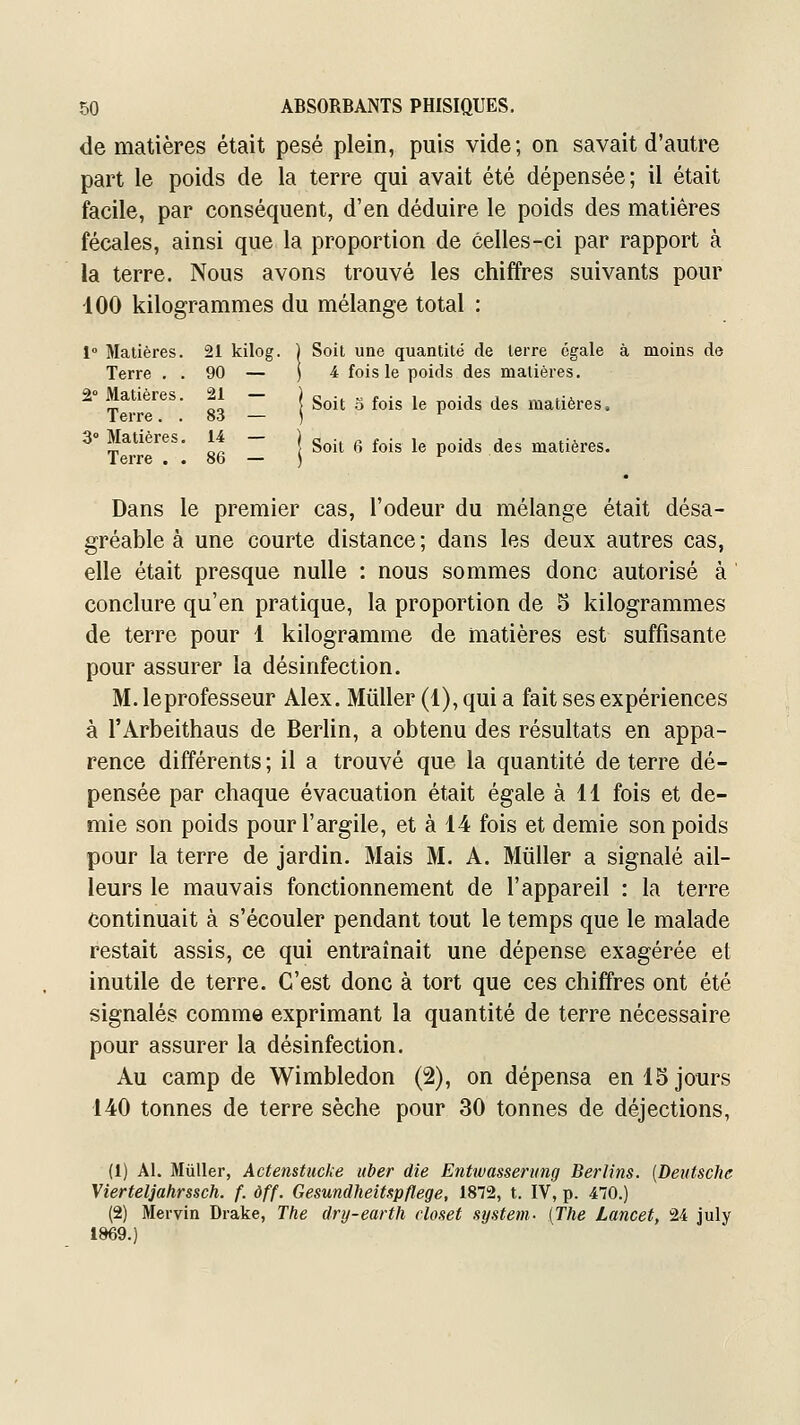 de matières était pesé plein, puis vide; on savait d'autre part le poids de la terre qui avait été dépensée; il était facile, par conséquent, d'en déduire le poids des matières fécales, ainsi que la proportion de celles-ci par rapport à la terre. Nous avons trouvé les chiffres suivants pour 100 kilogrammes du mélange total : 1° Matières. 21 kilog. ) Soit une quantité de terre égale à moins de Terre . . 90 — ) 4 fois le poids des matières. 2° Matières. 21 — j g^j^. „ j^j^ ^^ .^^ ^^^ matières. Terre. . 83 — ) ' Z- Matières. 14 — j g^.^ ^ ^^j^ j^ .^^ ^^^ matières. Terre . • 86 — ^ ^ Dans le premier cas, l'odeur du mélange était désa- gréable à une courte distance ; dans les deux autres cas, elle était presque nulle : nous sommes donc autorisé à conclure qu'en pratique, la proportion de 5 kilogrammes de terre pour 1 kilogramme de matières est suffisante pour assurer la désinfection. M. le professeur Alex. Millier (1), qui a fait ses expériences à l'Arbeithaus de Berlin, a obtenu des résultats en appa- rence différents ; il a trouvé que la quantité de terre dé- pensée par chaque évacuation était égale à H fois et de- mie son poids pour l'argile, et à 14 fois et demie son poids pour la terre de jardin. Mais M. A. Millier a signalé ail- leurs le mauvais fonctionnement de l'appareil : la terre continuait à s'écouler pendant tout le temps que le malade restait assis, ce qui entraînait une dépense exagérée et inutile de terre. C'est donc à tort que ces chiffres ont été signalés comme exprimant la quantité de terre nécessaire pour assurer la désinfection. Au camp de Wimbledon (2), on dépensa enlSjotirs 140 tonnes de terre sèche pour 30 tonnes de déjections, (1) Al. Mûller, Actenstucke uber die Entwasserung Berlins. {Deutsche Vierteljahrssch. f. ôff. Gesundheitspflege, 1872, t. IV, p. 470.) (2) Mervin Drake, The dry-earth cloaet System- {The Lancet, 24 july 1»69.)