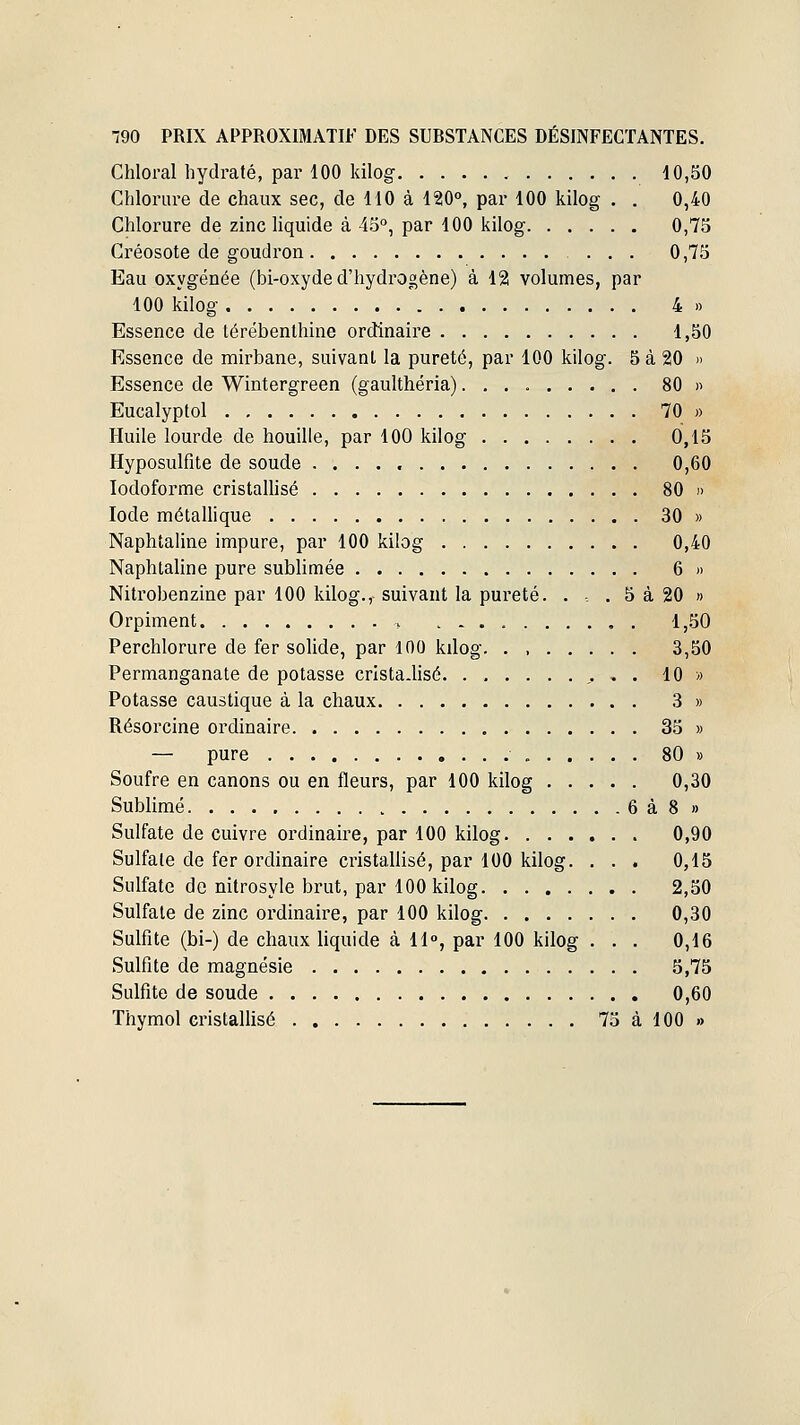 -90 PRIX APPROXIMATIF DES SUBSTANCES DÉSINFECTANTES. Chloral hydraté, par 100 kilog 10,50 Chlorure de chaux sec, de 110 à 1210°, par 100 kilog . . 0,40 Chlorure de zinc liquide à 45, par 100 kilog 0,75 Créosote de goudron ... 0,75 Eau oxygénée (bi-oxyde d'hydrogène) à 121 volumes, par 100 kilog 4 » Essence de térébenthine ordinaire 1,50 Essence de mirbane, suivant la pureté, par 100 kilog. 5 à 20 » Essence de Wintergreen (gaulthéria) 80 » Eucalyptol 70 » Huile lourde de houille, par 100 kilog 0,15 Hyposulfite de soude 0,60 lodoforme cristaUisé 80 d Iode métaUique 30 » Naphtaline impure, par 100 kilog 0,40 Naphtaline pure sublimée 6 « Nitrobenzine par 100 kilog., suivant la pureté. . . . 5 à 20 » Orpiment > 1,50 Perchlorure de fer solide, par 100 kilog. . , 3,50 Permanganate de potasse crista.lisé 10 » Potasse caustique à la chaux 3 » Résorcine ordinaire 35 » — pure 80 » Soufre en canons ou en fleurs, par 100 kilog 0,30 Sublimé 6 à 8 » Sulfate de cuivre ordinaire, par 100 kilog 0,90 Sulfate de fer ordinaire cristallisé, par 100 kilog. . . . 0,15 Sulfate de nitrosyle brut, par 100 kilog 2,50 Sulfate de zinc ordinaire, par 100 kilog 0,30 Sulfite (bi-) de chaux liquide à 11°, par 100 kilog . . . 0,16 Sulfite de magnésie 5,75 Sulfite de soude 0,60 Thymol cristallisé 75 à 100 »