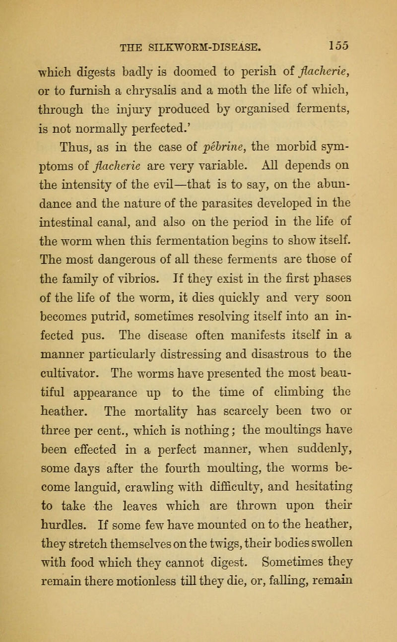 which digests badly is doomed to perish of flaclierie, or to furnish a chrysahs and a moth the life of which, through the injm-y produced by organised ferments, is not normally perfected.' Thus, as in the case of pebrine, the morbid sym- ptoms of flacherie are very variable. All depends on the intensity of the evU—that is to say, on the abun- dance and the nature of the parasites developed in the intestinal canal, and also on the period in the life of the worm when this fermentation begins to show itself. The most dangerous of all these ferments are those of the family of vibrios. If they exist in the first phases of the life of the worm, it dies quickly and very soon becomes putrid, sometimes resolving itself into an in- fected pus. The disease often manifests itself in a manner particularly distressing and disastrous to the cultivator. The worms have presented the most beau- tiful appearance up to the time of climbing the heather. The mortahty has scarcely been two or three per cent., which is nothing; the moultings have been effected in a perfect manner, when suddenly, some days after the fourth moulting, the worms be- come languid, crawling with difficulty, and hesitating to take the leaves which are thrown upon their hurdles. If some few have mounted on to the heather, they stretch themselves on the twigs, their bodies swollen with food which they cannot digest. Sometimes they remain there motionless till they die, or, faUing, remain