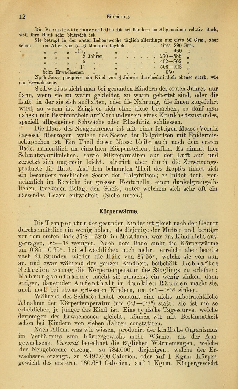 Die Perspiratioinsensibilis ist bei Kindern im Allgemeinen relativ stark, weil ihre Haut sehr blutreich ist. Sie beträgt in der ersten Lebenswoche täglich allerdings nur circa 90 Grm., aber schon im Alter von 5—6 Monaten täglich circa 290 G-rm. »■■.■■■ H1/. ... „ „ 460 „ „ „ 2 Jahren „ 270-586 „ „ „ „ .5„ „ ...... 462-802 „ „. '„ „ 11 „ „ 503-728 „ beim Erwachsenen „ „ 650 „ Nach Sauer perspirirt ein Kind von 4 Jahren durchschnittlich ebenso stark, wie ein Erwachsener. Schweiss sieht man bei gesunden Kindern des ersten Jahres nur dann, wenn sie zu warm gekleidet, zu warm gebettet sind, oder die Luft, in der sie sich aufhalten, oder die Nahrung, die ihnen zugeführt wird, zu warm ist. Zeigt er sich ohne diese Ursachen, so darf man nahezu mit Bestimmtheit auf Vorhandensein eines Krankheitszustandes, speciell allgemeiner Schwäche oder Rhachitis, schliessen. Die Haut des Neugeborenen ist mit einer fettigen Masse (Vernix 'caseosa) überzogen, welche das Secret der Talgdrüsen mit Epidermis- schüppchen ist. Ein Theil dieser Masse bleibt auch nach dem ersten Bade, namentlich an einzelnen Körperstellen, haften. Es nimmt hier Schmutzpartikelchen, sowie Mikroparasiten aus der Luft auf und zersetzt sich ungemein leicht, alterirt aber durch die Zersetzungs- producte die Haut. Auf dem behaarten Theil des Kopfes findet sich ein besonders reichliches Secret der Talgdrüsen; er bildet dort, vor- nehmlich im Bereiche der grossen Fontanelle, einen dunkelgraugelb- lichen, trockenen Belag, den Gneis, unter welchem sich sehr oft ein nässendes Eczem entwickelt. (Siehe unten.) Körperwärme. Die T e m p e r atur des gesunden Kindes ist gleich nach der Geburt durchschnittlich ein wenig höher, als diejenige der Mutter und beträgt vor dem ersten Bade 378—38*0° im Mastdarm, war das Kind nicht aus- getragen, 0*5—1° weniger. Nach dem Bade sinkt die Körperwärme um 085—095°, bei schwächlichen noch mehr, erreicht aber bereits nach 24 Stunden wieder die Höhe von 37*550, welche sie von nun an, und zwar während der ganzen Kindheit, beibehält. Lebhaftes Schreien vermag die Körpertemperatur des Säuglings zu erhöhen; Nahrungsaufnahme macht sie zunächst ein wenig sinken, dann steigen, dauernder Aufenthalt in dunklen Räumen macht sie, auch noch bei etwas grösseren Kindern, um Ol —0*5° sinken. Während des Schlafes findet constant eine nicht unbeträchtliche Abnahme der Körpertemperatur (um 03—O80) statt; sie ist um so erheblicher, je jünger das Kind ist. Eine typische Tagescurve, welche derjenigen des Erwachsenen gleicht, können wir mit Bestimmtheit schon bei Kindern von sieben Jahren constatiren. Nach Allem, was wir wissen, producirt der kindliche Organismus im Verhältniss zum Körpergewicht mehr Wärme, als der Aus- gewachsene. Vierordt berechnet die täglichen Wärmemengen, welche der Neugeborene erzeugt, zu 784.000, diejenigen, welche der Er- wachsene erzeugt, zu 2,497.000 Calorien, oder auf 1 Kgrm. Körper- gewicht des ersteren 130.681 Calorien, auf 1 Kgrm. Körpergewicht