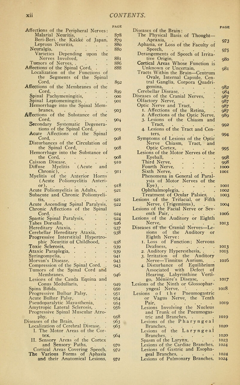 Afltections of the Peripheral Nerves: Malarial Neuritis, Beri-Beri. the Kakke of Japan, Leprous Neuritis, Neuralgia, Varieties Depending upon the Nerves Involved, Tumors of Nerves, . . . . Affections of the Spinal Cord, . Localization of the Functions of the Segments of the Spinal Cord, Affections of the Membranes of the Cord, Spinal Pachymeningitis, Spinal Leptomeningitis. . Hemorrhage into the Spinal Mem- branes, .... Affections of the Substance of the Cord, .... Secondary Systematic Degenera- tions of the Spinal Cord. . Acute Affections of the Spina Cord, Disturbances of the Circulation of the Spinal Cord, Hemorrhage into the Substance of the Cord, .... Caisson Disease, Diffuse Myelitis (Acute and Chronic), Myelitis of the Anterior Horns (Acute Poliomyelitis Anteri- or), . . . . . Acute Poliomyelitis in Adults, Subacute and Chronic Poliomveli- tis, ' Acute Ascending Spinal Paralysis Chronic Affections of the Spinal Cord Spastic Spinal Paralysis, Tabes Dorsalis, ... Hereditary Ataxia, . Cerebellar Hereditary Ataxia, Progressive Interstitial Hypertro phic Neuritis of Childhood, Toxic Sclerosis, Ataxic Paraplegia, . Syringomyelia, .... Morvan's Disease, . Compression of the Spinal Cord, Tumors of the Spinal Cord and Membranes, Lesions of the Cauda Equina and Conus Medullaris, Spina Bifida Progressive Bulbar Palsy, Acute Bulbar Palsy, Pseudoparalytic Mayasthenia, Amytropic Lateral Sclerosis, . Progressive Spinal Muscular Atro- phy, . . . Diseases of the Brain, Localization of Cerebral Disease, I. The Motor Areas of the Cor tex, .... II. Sensory Areas of the Cortex and Sensory Paths, Cortical Areas Covering Speech, The Various Forms of Aphasia and their Anatomical Lesions, 878 879 «8i 886 900 901 903 904 90.5 908 908 908 910 911 918 921 921 922 924 924 926 937 938 938 939 939 941 943 943 946 949 950 951 954 954 956 958 963 963 964 970 972 972 PAGE Diseases of the Brain : The Physical Basis of Thought— Apraxia, 973 Aphasia, or Loss of the Faculty of Speech, 975 Derangements of Speech of Irrita- tive Origin 980 Cortical Areas Whose Function is Unknown or Uncertain, . . 981 Tracts Within the Brain—Centrum Ovale, Internal Capsule, Cen- tral Ganglia, Corpora Quadri- gemina, 983 Cerebellar Disease 984 Diseases of the Cranial Nerves, . 987 Olfactory Nerve, .... 987 Optic Nerve and Tract, . . 987 1. Affections of the Retina, . 987 2. Affections of the Optic Nerve, 989 3. Lesions of the Chiasm and Tract, 992 4. Lesions of the Tract and Cen- ters, 994. Symptoms of Lesions of the Optic Nerve Chiasm, Tract, and Optic Cortex, .... 995 Lesions of the Motor Nerves of the Eyeball, 998 Third Nerve, .... 998 Fourth Nerve, .... looa Sixth Nerve, .... lOOi Phenomena in General of Paral- ysis of Motor Nerves of the Eye), looi Ophthalmoplegia, .... 1002 Treatment of Ocular Palsies. 1003 Lesions of the Trifacial, or Fifth Nerve, (Trigeminus), . . 1004 Lesions of the Facial Nerve or Sev- enth Pair, 1006 Lesions of the Auditory or Eighth Nerve, 1013; Diseases of the Crariial Nerves—Le- sions of the Auditory or Eighth Nerve: 1. Loss of Function; Nervous Deafness, 1013 2. Auditory Hyperesthesia, . . 1015 3. Irritation of the Auditory Nerve—Tinnitus Aurium, . 1016 4. Disturbance of Equilibrium Associated with Defect of Hearing, Labyrinthine Verti- go, Meniere's Disease, . . 1017 Lesions of the Ninth or Glossophar- yngeal Nerve, '. . . . 1018 Lesions of the Pneumogastric or Vagus Nerve, the Tenth Pair, 1019 Lesions Involving the Nucleus and Trunk of the Pneumogas- tric and Branches, . . . 1019 Lesions of the Pharyngeal Branches 102a Lesions of the Laryngeal Branches 1020 Spasm of the Larynx. . . . 1023 Lesions of the Cardiac Branches, 1024 Lesions of Gastric and Esopha- geal Branches 1024 Lesions of Pulmonary Branches, 1024