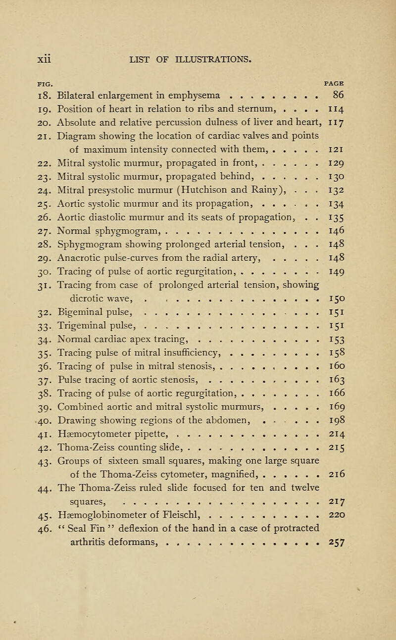FIG. PAGE 18. Bilateral enlargement in emphysema 86 19. Position of heart in relation to ribs and sternum, .... 114 20. Absolute and relative percussion dulness of liver and heart, 117 21. Diagram showing the location of cardiac valves and points of maximum intensity connected wdth them, 121 22. Mitral sj'stolic murmur, propagated in front, 129 23. Mitral systolic murmur, propagated behind, 130 24. Mitral presystolic murmur (Hutchison and Rainy), . . . 132 25. Aortic systolic murmur and its propagation, 134 26. Aortic diastolic murmur and its seats of propagation J . , 135 27. Normal sph3-gmogram, 146 28. Sphygmogram showing prolonged arterial tension, . . . 148 29. Anacrotic pulse-cur\-es from the radial arterj', 148 30. Tracing of pulse of aortic regurgitation, 149 31. Tracing from case of prolonged arterial tension, showing dicrotic wave, 150 32. Bigeminal pulse, ... 151 33. Trigeminal pulse, 151 34. Normal cardiac apex tracing, 153 35. Tracing pulse of mitral insufficiency, 158 36. Tracing of pulse in mitral stenosis, 160 37. Pulse tracing of aortic stenosis, 163 38. Tracing of pulse of aortic regurgitation, 166 39. Combined aortic and mitral sj-stolic murmurs, 169 • 40. Drawing showing regions of the abdomen, 198 41. Hsemocytometer pipette, 214 42. Thoma-Zeiss counting slide, 215 43. Groups of sixteen small squares, making one large square of the Thoma-Zeiss c}1:ometer, magnified, 216 44. The Thoma-Zeiss ruled shde focused for ten and twelve squares, 217 45. Hsemoglobinometer of Fleischl, 220 46. Seal Fin deflexion of the hand in a case of protracted arthritis deformans, 257