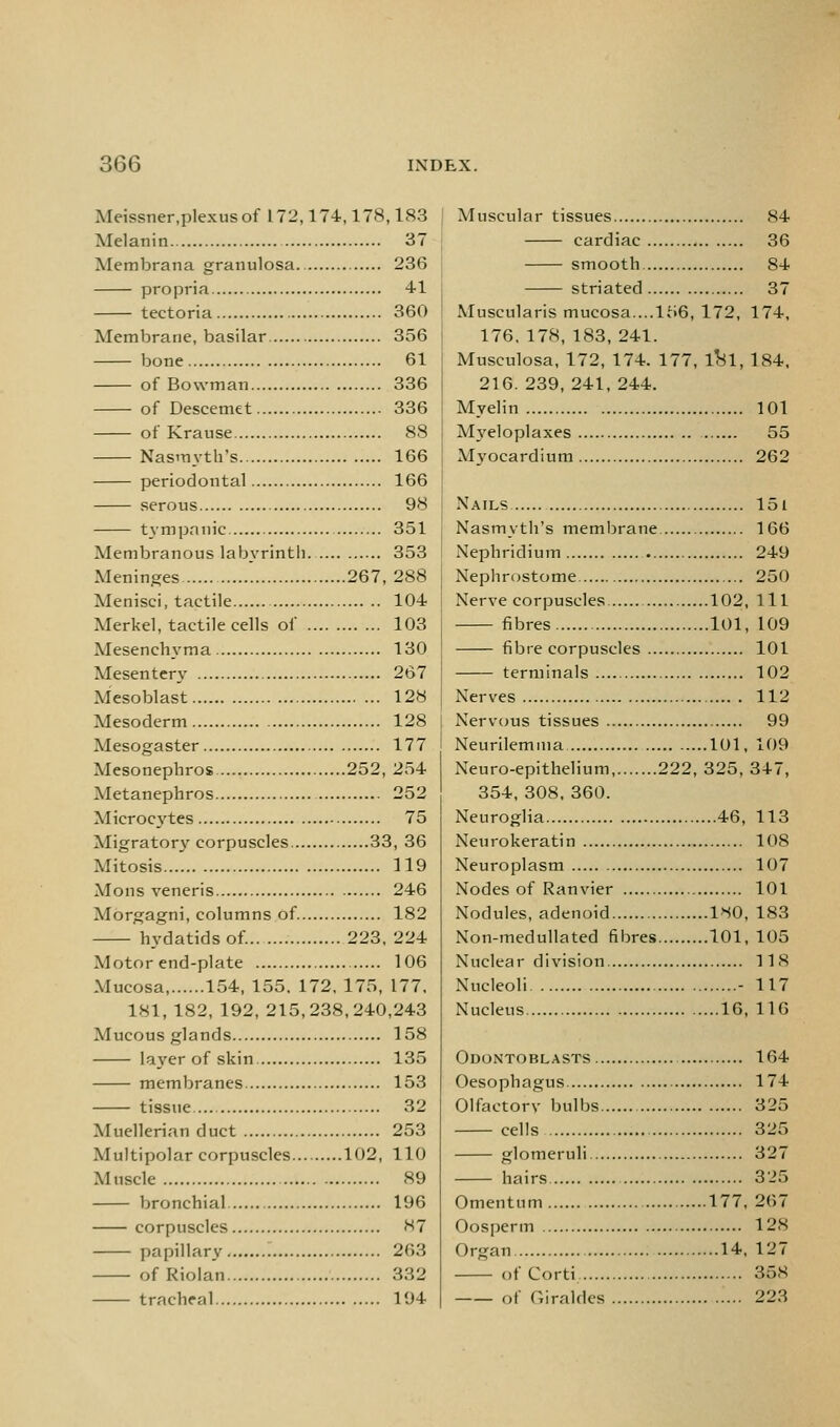 Meissner,plexus of 172,174,178,183 Melanin 37 Membrana granulosa 236 propria 41 tectoria 360 Membrane, basilar 356 bone 61 of Bowman 336 of Descemtt 336 of Krause 88 Nasm\'tirs 166 periodontal 166 serous 98 tympanic 351 Membranous labyrinth 353 Meninges 267, 288 Menisci, tactile 104 Merkel, tactile cells of 103 Mesenchyma 130 Mesentery 267 Mesoblast 128 Mesoderm 128 Mesogaster 177 Mesonepliros 252, 254 Metanephros 252 Microcytes 75 Migratory corpuscles 33, 36 Mitosis 119 Mons veneris 246 Morgagni, columns of. 182 hydatids of 223. 224 Motor end-plate 106 Mucosa, 154, 155. 172, 175, 177, 181, 182, 192, 215,238,240,243 Mucous glands 158 layer of skin 135 membranes 153 tissue 32 Muellerian duct 253 Multipolar corpuscles 102, 110 Muscle 89 bronchial 196 corpuscles H7 papillary 263 of Kiolan 332 tracheal 194 Muscular tissues 84 cardiac 36 smooth 84 striated 37 Muscularis mucosa....lt>6, 172, 174, 176, 178, 183, 241. Musculosa, 172, 174. 177, llsi, 184, 216. 239, 241, 244. Myelin 101 Myeloplaxes 55 Myocardium 262 Nails 151 Nasmyth's membrane 166 Nephridium 249 Nephrostome 250 Nerve corpuscles 102, 111 fibres 101, 109 fibre corpuscles 101 terminals 102 Nerves 112 Nervous tissues 99 Neurilemma 101, 109 Neuro-epithelium 222, 325, 347, 354, 308, 360. Neuroglia 46, 113 Neurokeratin 108 Neuroplasm 107 Nodes of Ranvier 101 Nodules, adenoid IHO, 183 Non-meduUated fibres 101, 105 Nuclear division 118 Nucleoli - 117 Nucleus 16, 110 Odontoblasts 164 Oesophagus 174 Olfactory bulbs 325 cells 325 glomeruli 327 hairs 325 Omentum 177, 267 Oosperm 128 Organ 14, 127 of Corti 358 of Ciraldcs 223