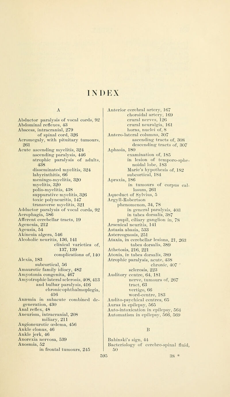 INDEX Abductor paralysis of vocal cords, 92 Abdominal reflexes, 43 Abscess, intracranial, 279 of spinal cord, 326 Acromegaly, with pituitary tumours, 261 Acute ascending myelitis, 324 ascending paralysis, 446 atrophic paralysis of adults, 438 disseminated myelitis, 324 labyrinthitis, 66 meningo-myelitis, 320 myelitis, 320 polio-myelitis, 438 suppurative myelitis, 326 toxic polyneuritis, 147 transverse myelitis, 321 Adductor paralysis of vocal cords, 92 Aerophagia, 586 Afferent cerebellar tracts, 19 Agenesia, 212 Ageusia, 54 Akinesia algera, 546 Alcoholic neuritis, 136, 141 clinical varieties of, 137, 139 complications of, 140 Alexia, 183 subcortical, 56 Amaurotic family idiocy, 482 Amyotonia congenita, 467 Amyotrophic lateral sclerosis, 408,413 and bulbar paralysis, 416 chronic ophthalmoplegia, 416 Anaemia in subacute combined de- generation, 430 Anal reflex, 48 Aneurism, intracranial, 208 miliary, 211 Angioneurotic oedema, 456 Ankle clonus, 46 Ankle jerk, 46 Anorexia nervosa, 539 Anosmia, 52 in frontal tumours, 245 Anterior cerebral artery, 167 choroidal artery, 169 crural nerves, 126 crural neuralgia, 161 horns, nuclei of, 8 Antero-lateral columns, 307 ascending tracts of, 308 descending tracts of, 307 Aphasia, 180 examination of, 185 in lesion of temporo-sphe- noidal lobe, 183 Marie's hypothesis of, 182 subcortical, 184 Apraxia, 186 in tumours of corpus cal- losum, 261 Aqueduct of Sylvius, 5 Argyll-Robertson phenomenon, 34, 78 in general paralysis, 403 in tabes dorsalis, 387 pupil, ciliary ganglion in, 78 Arsenical neuritis, 141 Astasia abasia, 533 Astereognosis, 251 Ataxia, in cerebellar lesions, 21, 263 tabes dorsalis, 389 Athetosis, 216, 221 Atonia, in tabes dorsalis, 389 Atrophic paralysis, acute, 438 chronic, 407 sclerosis, 223 Auditory centre, 64, 181 nerve, tumours of, 267 tract, 63 vertigo, 66 word-centre, 183 Audito-psyehical centres, 65 Auras in epilepsy, 565 Auto-intoxication in epilepsy, 564 Automatism in epilepsy, 566, 569 B Babinski's sign, 44 Bacteriologv of cerebro-spinal fluid, 50