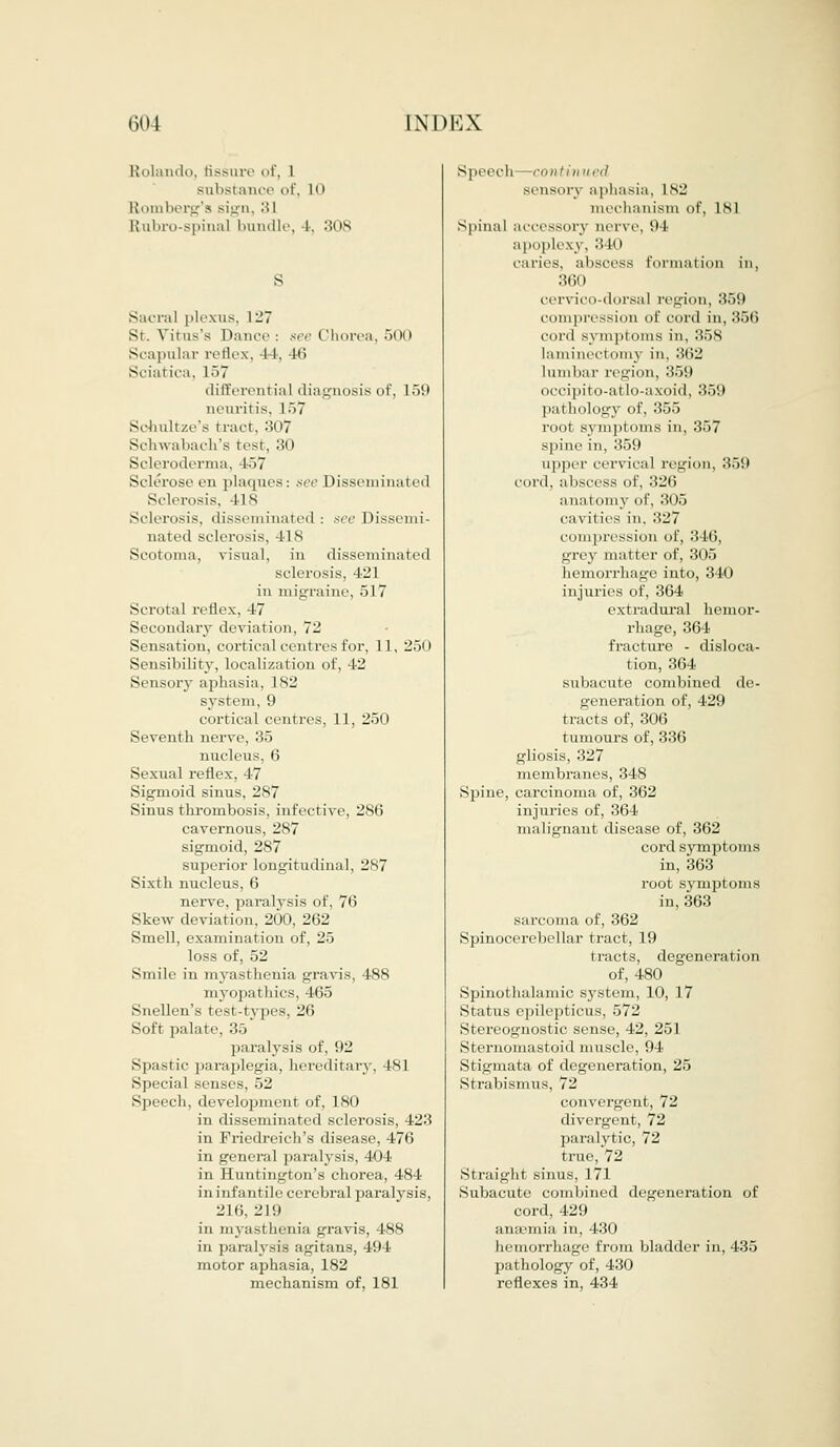 Rolando, fissure of, 1 substance of. |o Romberg's sign, 31 Rubro-spinal bundle, 1. 31ls Sacral plexus. 127 St. Virus's Dance : see Chorea, 500 Scapular reflex, 44, 4-6 Sciatica, L57 differentia] diagnosis of, 159 neuritis. l.~>7 Sohultze's tract, 307 Schwabach's test, 30 Scleroderma, 457 Sclerose en plaques: see Disseminated Sclerosis, lis Sclerosis, disseminated : see Dissemi- nated sclerosis, -118 Scotoma, visual, in disseminated sclerosis, 421 in migraine, 51 7 Scrotal reflex, 47 Secondary deviation, 72 Sensation, cortical centres for, 11, 250 Sensibility, localization of, 42 Sensory aphasia, IS2 system, 9 cortical centres, 11, 250 Seventh nerve, 35 nucleus, 6 Sexual reflex, 47 Sigmoid sinus, 287 Sinus thrombosis, infective, 286 cavernous, 287 sigmoid, 287 superior longitudinal, 287 Sixth nucleus, 6 nerve, paralysis of, 76 Skew deviation, 200, 262 Smell, examination of, 25 loss of, 52 Smile in myasthenia gravis, 488 myopat hies. 465 Snellen's test-types, 26 Soft palate, 35 paralysis of, H2 Spastic paraplegia, hereditary. IS| Special senses, 52 Speech, development of, 180 in disseminated sclerosis, 423 in Friedreich's disease, 476 in general paralysis, 404 in Huntington's chorea, 484 in infantile cerebral paralysis, 216, 219 in myasthenia gravis, 488 in paralysis agitans, 494 motor aphasia, 182 mechanism of, 181 speech continued sensor\ aphasia, L82 mechanism of, 181 Spinal accessory nerve, 94 apoplexy . 340 caries, abscess formation in, 360 cervico-dorsal region, 359 compression of cord in, 356 cord symptoms in, 35s laminectomy in, 362 lumbar region, 359 occipito-al lo-axoid, 359 pa! hologv of, 355 root symptoms in, 357 spine in, 359 upper cervical region, 359 cord, abscess of, 326 anatomy of, 305 cavities in. 327 compression of, 3 16, grey matter of, 305 hemorrhage into, 340 injuries of, 364 extradural hemor- rhage, 364 fracture - disloca- tion, 364 subacute combined de- generation of, 429 tracts of, 306 tumours of, 336 gliosis, 327 membranes, 348 Spine, carcinoma of, 362 injuries of, 364 malignant disease of, 362 cord symptoms in, 363 root symptoms in, 363 sarcoma of, 362 Spinocerebellar tract, 19 tracts, degeneration of, 480 Spinothalamic system, 10, 17 Status epilepticus, 572 Stereognostic sense, 42, 251 Sternomastoid muscle, 94 Stigmata of degeneration, 25 Strabismus, 72 convergent, 72 divergent, 72 paralytic, 72 true, 72 Straight sinus, 171 Subacute combined degeneration of cord, 429 anaemia in, 430 hemorrhage from bladder in, 435 pathology of, 430 reflexes in, 434