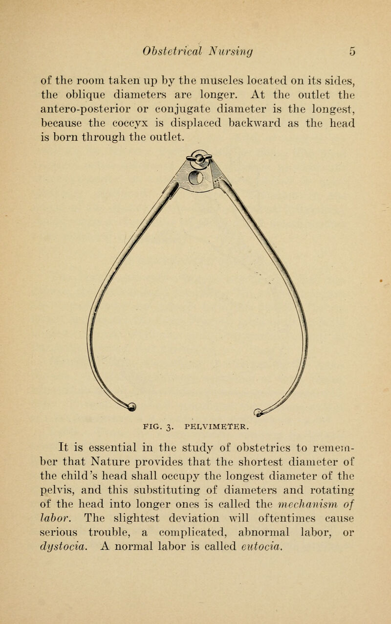 of the room taken up by the muscles located on its sides, the oblique diameters are longer. At the outlet the antero-posterior or conjugate diameter is the longest, because the coccyx is displaced backward as the head is born through the outlet. FIG. 3. PELVIMETER. It is essential in the study of obstetrics to remem- ber that Nature provides that the shortest diameter of the child's head shall occupy the longest diameter of the pelvis, and this substituting of diameters and rotating of the head into longer ones is called the mechanism of labor. The slightest deviation will oftentimes cause serious trouble, a complicated, abnormal labor, or dystocia. A normal labor is called eutocia.