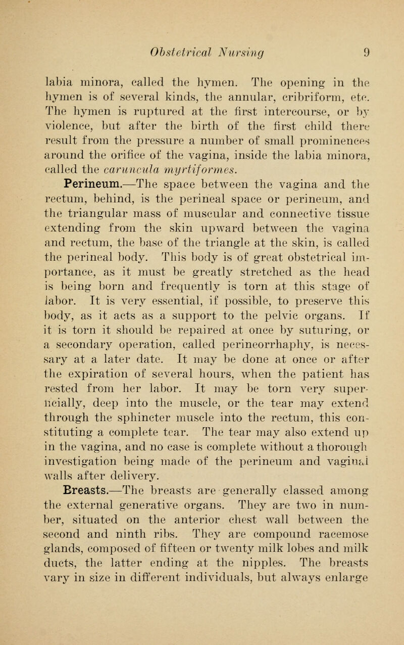 labia minora, called the hymen. The opening in the hymen is of several kinds, the annular, cribriform, etc. The hymen is ruptured at the first intercourse, or by violence, but after the birth of the first child there result from the pressure a number of small prominences around the orifice of the vagina, inside the labia minora, called the caruncula myrtiformes. Perineum.—The space between the vagina and the rectum, behind, is the perineal space or perineum, and the triangular mass of muscular and connective tissue extending from the skin upward between the vagina and rectum, the base of the triangle at the skin, is called the perineal body. This body is of great obstetrical im- portance, as it must be greatly stretched as the head is being born and frequently is torn at this stage of labor. It is very essential, if possible, to preserve this body, as it acts as a support to the pelvic organs. If it is torn it should be repaired at once by suturing, or a secondary operation, called perineorrhaphy, is neces- sary at a later date. It may be done at once or after the expiration of several hours, when the patient has rested from her labor. It may be torn very super- ncially, deep into the muscle, or the tear may extend through the sphincter muscle into the rectum, this con- stituting a complete tear. The tear may also extend up in the vagina, and no case is complete without a thorough investigation being made of the perineum and vaginal walls after delivery. Breasts.—The breasts are generally classed among the external generative organs. They are two in num- ber, situated on the anterior chest wall between the second and ninth ribs. They are compound racemose glands, composed of fifteen or twenty milk lobes and milk ducts, the latter ending at the nipples. The breasts vary in size in different individuals, but always enlarge