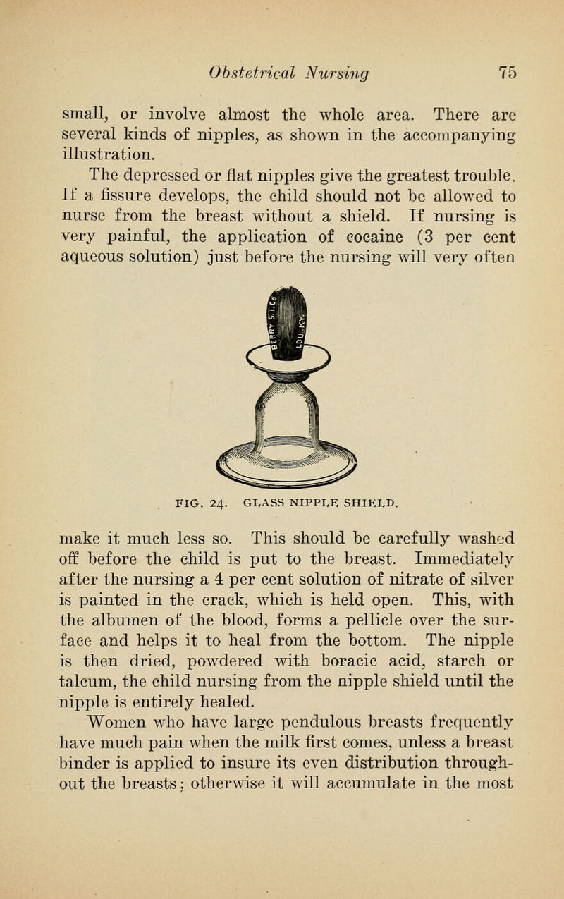 small, or involve almost the whole area. There are several kinds of nipples, as shown in the accompanying illustration. The depressed or flat nipples give the greatest trouble. If a fissure develops, the child should not be allowed to nurse from the breast without a shield. If nursing is very painful, the application of cocaine (3 per cent aqueous solution) just before the nursing will very often FIG. 24. GLASS NIPPLE SHIELD. make it much less so. This should be carefully washed off before the child is put to the breast. Immediately after the nursing a 4 per cent solution of nitrate of silver is painted in the crack, which is held open. This, with the albumen of the blood, forms a pellicle over the sur- face and helps it to heal from the bottom. The nipple is then dried, powdered with boracic acid, starch or talcum, the child nursing from the nipple shield until the nipple is entirely healed. Women who have large pendulous breasts frequently have much pain when the milk first comes, unless a breast binder is applied to insure its even distribution through- out the breasts; otherwise it will accumulate in the most