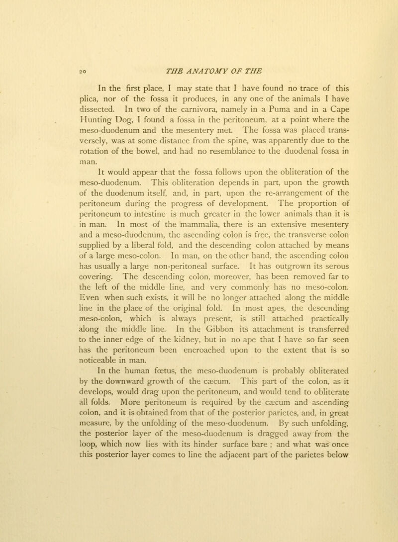 In the first place, I may state that I have found no trace of this plica, nor of the fossa it produces, in any one of the animals I have dissected. In two of the carnivora, namely in a Puma and in a Cape Hunting Dog, I found a fossa in the peritoneum, at a point where the meso-duodenum and the mesenter\^ met. The fossa was placed trans- versely, was at some distance from the spine, was apparently due to the rotation of the bowel, and had no resemblance to the duodenal fossa in man. It would appear that the fossa follows upon the obliteration of the meso-duodenum. This obliteration depends in part, upon the growth of the duodenum itself and, in part, upon the re-arrangement of the peritoneum during the progress of development. The proportion of peritoneum to intestine is much greater in the lower animals than it is in man. In most of the mammalia, there is an extensive mesentery and a meso-duodenum, the ascending colon is free, the transverse colon supplied by a liberal fold, and the descending colon attached by means of a large meso-colon. In man, on the other hand, the ascending colon has usually a large non-peritoneal surface. It has outgrown its serous covering. The descending colon, moreover, has been removed far to the left of the middle line, and very commonly has no meso-colon. Even when such exists, it will be no longer attached along the middle line in the place of the original fold. In most apes, the descending meso-colon, which is always present, is still attached practically along the middle line. In the Gibbon its attachment is transferred to the inner edge of the kidney, but in no ape that I have so far seen has the peritoneum been encroached upon to the e.xtent that is so noticeable in man. In the human foetus, the meso-duodenum is probably obliterated by the downward growth of the caecum. This part of the colon, as it develops, would drag upon the peritoneum, and would tend to obliterate all folds. More peritoneum is required by the caecum and ascending colon, and it is obtained from that of the posterior parietes, and, in great measure, by the unfolding of the meso-duodenum. By such unfolding, the posterior layer of the meso-duodenum is dragged away from the loop, which now lies with its hinder surface bare ; and what was once this posterior layer comes to line the adjacent part of the parietes below