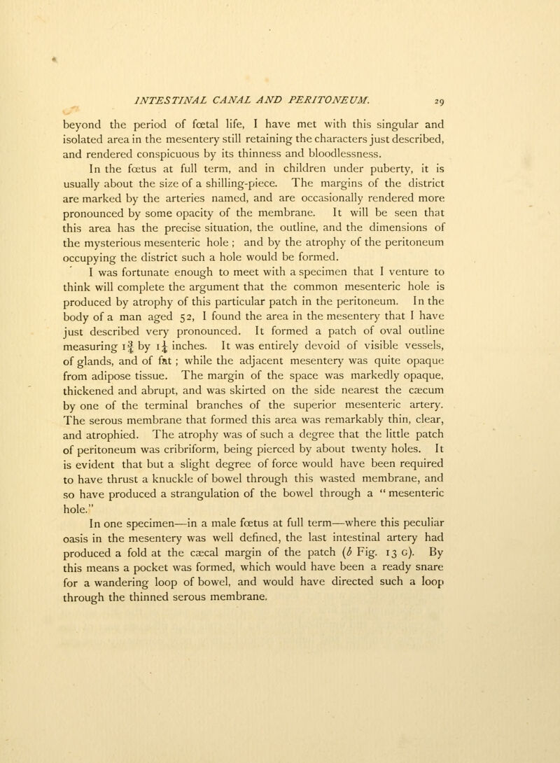 beyond the period of foetal life, I have met with this singular and isolated area in the mesentery still retaining the characters just described, and rendered conspicuous by its thinness and bloodlessness. In the foetus at full term, and in children under puberty, it is usually about the size of a shilling-piece. The margins of the district are marked by the arteries named, and are occasionally rendered more pronounced by some opacity of the membrane. It will be seen that this area has the precise situation, the outline, and the dimensions of the mysterious mesenteric hole ; and by the atrophy of the peritoneum occupying the district such a hole would be formed. I was fortunate enough to meet with a specimen that I venture to think will complete the argument that the common mesenteric hole is produced by atrophy of this particular patch in the peritoneum. In the body of a man aged 52, I found the area in the mesentery that I have just described very pronounced. It formed a patch of oval outline measuring if by i^ inches. It was entirely devoid of visible vessels, of glands, and of fat ; while the adjacent mesentery was quite opaque from adipose tissue. The margin of the space was markedly opaque, thickened and abrupt, and was skirted on the side nearest the caecum by one of the terminal branches of the superior mesenteric artery. The serous membrane that formed this area was remarkably thin, clear, and atrophied. The atrophy was of such a degree that the little patch of peritoneum was cribriform, being pierced by about twenty holes. It is evident that but a slight degree of force would have been required to have thrust a knuckle of bowel through this wasted membrane, and so have produced a strangulation of the bowel through a  mesenteric hole. In one specimen—in a male foetus at full term—where this peculiar oasis in the mesentery was well defined, the last intestinal artery had produced a fold at the caecal margin of the patch {b Fig. 13 g). By this means a pocket was formed, which would have been a ready snare for a wandering loop of bowel, and would have directed such a loop through the thinned serous membrane.
