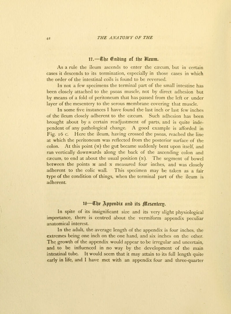 17.—%\\t kittling of \Mt Slium. As a rule the ileum ascends to enter the caecum, but in certain cases it descends to its termination, especially in those cases in which the order of the intestinal coils is found to be reversed. In not a few specimens the terminal part of the small intestine has been closely attached to the psoas muscle, not by direct adhesion but by means of a fold of peritoneum that has passed from the left or under layer of the mesentery to the serous membrane covering that muscle. In some five instances I have found the last inch or last few inches of the ileum closely adherent to the caecum. Such adhesion has been brought about by a certain readjustment of parts, and is quite inde- pendent of any pathological change. A good example is afforded in Fig. i6 c. Here the ileum, having crossed the psoas, reached the line at which the peritoneum was reflected from the posterior surface of the colon. At this point (m) the gut became suddenly bent upon itself, and ran vertically downwards along the back of the ascending colon and caicum, to end at about the usual position (n). The segment of bowel between the points m and n measured four inches, and was closely adherent to the colic wall. This specimen may be taken as a fair type of the condition of things, when the terminal part of the ileum is adherent. \%—%\it ^ppftttri-E ani> its jUfSfntrr^. In spite of its insignificant size and its very slight physiological importance, there is centred about the vermiform appendi.x peculiar anatomical interest. In the adult, the average length of the appendix is four inches, the extremes being one inch on the one hand, and six inches on the other. The growth of the appendix would appear to be irregular and uncertain, and to be influenced in no way by the development of the main intestinal tube. It would seem that it may attain to its full length quite early in life, and I have met with an appendix four and three-quarter