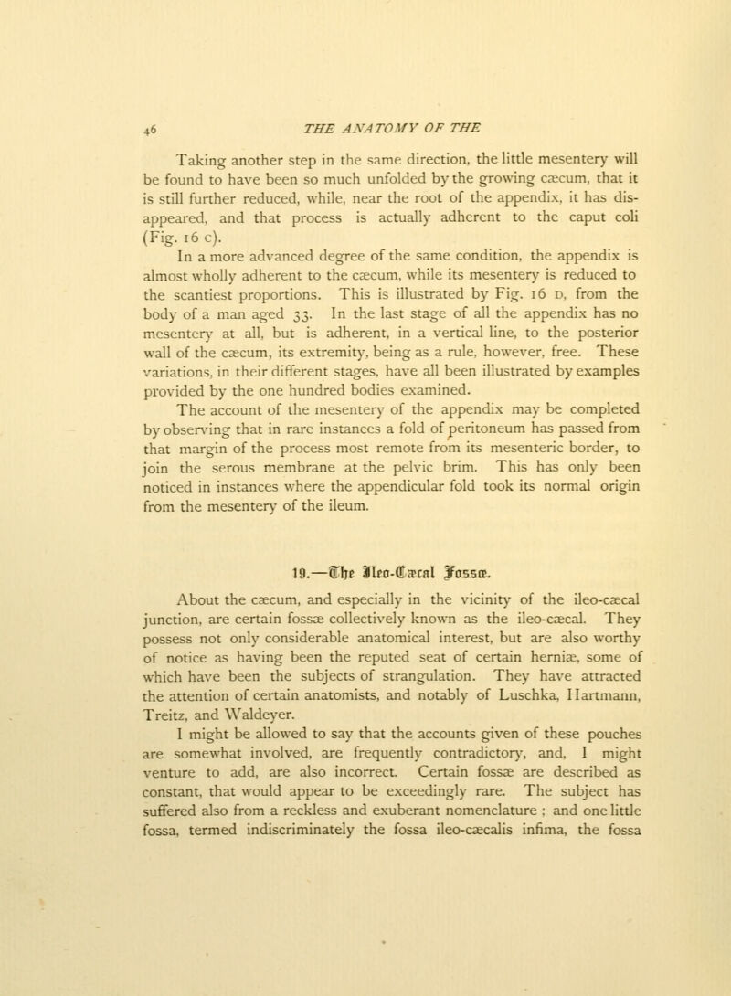 Taking another step in the same direction, the Httle mesenter}- will be found to have been so much unfolded by the growing caecum, that it is still further reduced, while, near the root of the appendix, it has dis- appeared, and that process is actually adherent to the caput coli (Fig. i6 c). In a more advanced degree of the same condition, the appendix is almost wholly adherent to the caecum, while its mesentery is reduced to the scantiest proportions. This is illustrated by Fig. i6 d, from the body of a man aged 2>o- I ^^e last stage of all the appendix has no mesenter)- at all, but is adherent, in a vertical line, to the posterior wall of the caecum, its extremity, being as a rule, however, free. These variations, in their different stages, have all been illustrated by examples provided by the one hundred bodies examined. The account of the mesenter}' of the appendix may be completed byobsen'ing that in rare instances a fold of peritoneum has passed from that margin of the process most remote from its mesenteric border, to join the serous membrane at the pelvic brim. This has only been noticed in instances where the appendicular fold took its normal origin from the mesenter\- of the ileum. 19.—®Ij^ ilfo-CCscal |Ffl55tP. About the caecum, and especially in the vicinity of the ileo-caecal junction, are certain fossae collectively known as the ileo-caecal. They possess not only considerable anatomical interest, but are also worthy of notice as having been the reputed seat of certain herniae, some of which have been the subjects of strangulation. They have attracted the attention of certain anatomists, and notably of Luschka. Hartmann, Treitz, and Waldeyer. I might be allowed to say that the accounts given of these f)ouches are somewhat involved, are frequently contradictor)-, and, I might venture to add, are also incorrect. Certain fossae are described as constant, that would appear to be exceedingly rare. The subject has suffered also from a reckless and exuberant nomenclature ; and one little fossa, termed indiscriminately the fossa ileo-caecalis infima, the fossa