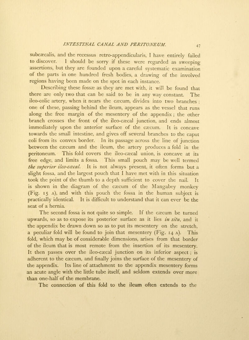 subcaecalis, and the recessus retro-appendicularis, I have entirely failed to discover. I should be sorry if these were regarded as sweeping assertions, but they are founded upon a careful systematic examination of the parts in one hundred fresh bodies, a drawing of the involved regions having been made on the spot in each instance. Describing these fossae as they are met with, it will be found that there are only two that can be said to be in any way constant. The ileo-colic arter)', when it nears the caecum, divides into two branches ; one of these, passing behind the ileum, appears as the vessel that runs along the free margin of the mesentery of the appendix ; the other branch crosses the front of the ileo-caecal junction, and ends almost immediately upon the anterior surface of the caecum. It is concave towards the small intestine, and gives off several branches to the caput coli from its convex border. In its passage across the line of junction between the caecum and the ileum, the artery produces a fold in the peritoneum. This fold covers the ileo-caecal union, is concave at its free edge, and limits a fossa. This small pouch may be well termed the superior ileo-ccBcal. It is not always present, it often forms but a slight fossa, and the largest pouch that I have met with in this situation took the point of the thumb to a depth sufficient to cover the nail. It is shown in the diagram of the caecum of the Mangabey monkey (Fig. 15 a), and with this pouch the fossa in the human subject is practically identical. It is difficult to understand that it can ever be the seat of a hernia. The second fossa is not quite so simple. If the caecum be turned upwards, so as to expose its posterior surface as it lies in situ, and it the appendix be drawn down so as to put its mesentery on the stretch, a peculiar fold will be found to join that mesenterj' (Fig. 14 a). This fold, which may be of considerable dimensions, arises from that border of the ileum that is most remote from the insertion of its mesentery. It then passes over the ileo-caecal junction on its inferior aspect ; is adherent to the caecum, and finally joins the surface of the mesentery of the appendix. Its line of attachment to the appendix mesentery forms an acute angle with the little tube itself, and seldom extends over more than one-half of the membrane. The connection of this fold to the ileum often extends to the