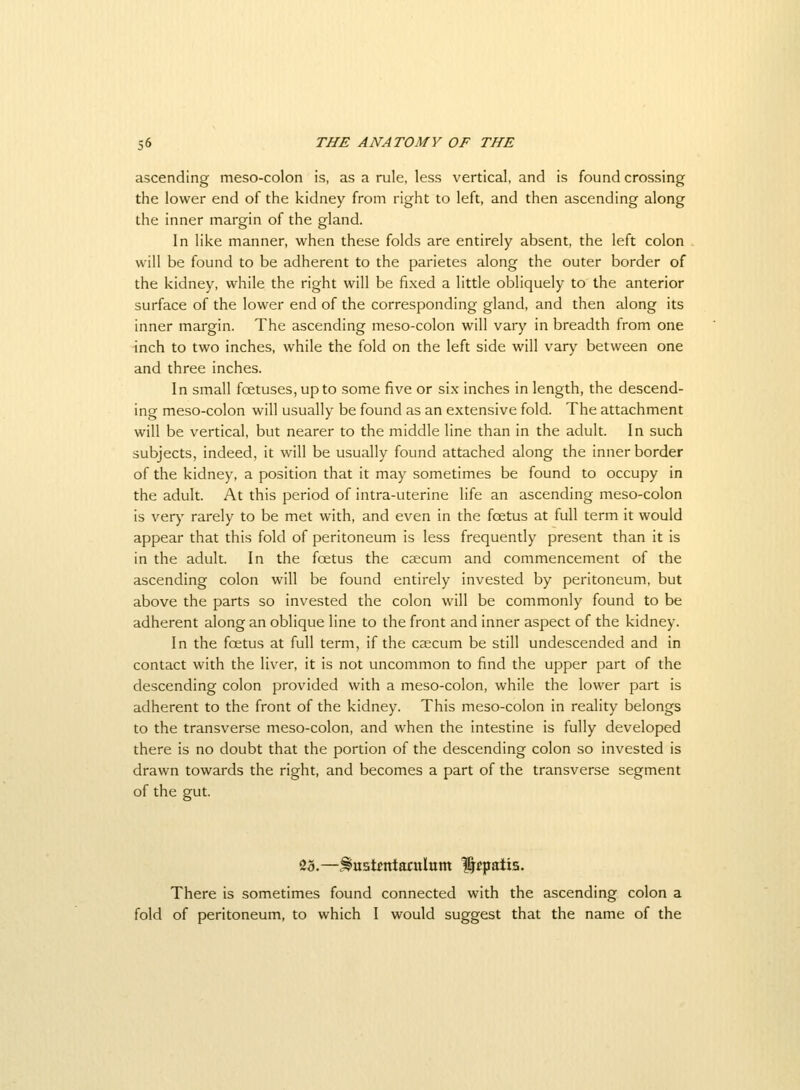 ascending meso-colon is, as a rule, less vertical, and is found crossing the lower end of the kidney from right to left, and then ascending along the inner margin of the gland. In like manner, when these folds are entirely absent, the left colon will be found to be adherent to the parietes along the outer border of the kidney, while the right will be fixed a little obliquely to the anterior surface of the lower end of the corresponding gland, and then along its inner margin. The ascending meso-colon will vary in breadth from one inch to two inches, while the fold on the left side will vary between one and three inches. In small fcetuses, up to some five or si.x inches in length, the descend- ing meso-colon will usually be found as an extensive fold. The attachment will be vertical, but nearer to the middle line than in the adult. In such subjects, indeed, it will be usually found attached along the inner border of the kidney, a position that it may sometimes be found to occupy in the adult. At this period of intra-uterine life an ascending meso-colon is very rarely to be met with, and even in the foetus at full term it would appear that this fold of peritoneum is less frequently present than it is in the adult. In the foetus the caecum and commencement of the ascending colon will be found entirely invested by peritoneum, but above the parts so invested the colon will be commonly found to be adherent along an oblique line to the front and inner aspect of the kidney. In the foetus at full term, if the caecum be still undescended and in contact with the liver, it is not uncommon to find the upper part of the descending colon provided with a meso-colon, while the lower part is adherent to the front of the kidney. This meso-colon in reality belongs to the transverse meso-colon, and when the intestine is fully developed there is no doubt that the portion of the descending colon so invested is drawn towards the right, and becomes a part of the transverse segment of the gut. 23.—^ustrntarulum Htpatis. There is sometimes found connected with the ascending colon a fold of peritoneum, to which I would suggest that the name of the