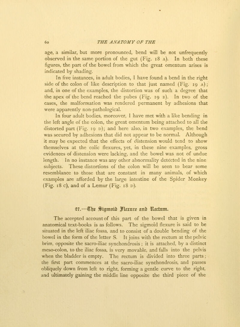 age, a similar, but more pronounced, bend will be not unfrequently observed in the same portion of the gut (Fig. i8 a). In both these figures, the part of the bowel from which the great omentum arises is indicated by shading. In five instances, in adult bodies, I have found a bend in the right side of the colon of like description to that just named (Fig. 19 a); and, in one of the examples, the distortion was of such a degree that the apex of the bend reached the pubes (Fig. 19 b). In two of the cases, the malformation was rendered permanent by adhesions that were apparently non-pathological. In four adult bodies, moreover, 1 have met with a like bending in the left angle of the colon, the great omentum being attached to all the distorted part (Fig. 19 d); and here also, in two examples, the bend was secured by adhesions that did not appear to be normal. Although it may be expected that the effects of distension would tend to show themselves at the colic flexures, yet, in these nine examples, gross evidences of distension were lacking, and the bowel was not of undue length. In no instance was any other abnormality detected in the nine subjects. These distortions of the colon will be seen to bear some resemblance to those that are constant in many animals, of which examples are afforded by the large intestine of the Spider Monkey (Fig. 18 c), and of a Lemur (Fig. 18 d). 27.—%\st §igmiri& fXttViXt anti Ktrtitm. The accepted account of this part of the bowel that is given in anatomical text-books is as follows. The sigmoid flexure is said to be situated in the left iliac fossa, and to consist of a double bending of the bowel in the form of the letter S. It joins with the rectum at the pelvic brim, opposite the sacro-iliac synchondrosis ; it is attached, by a distinct meso-colon, to the iliac fossa, is very movable, and falls into the pelvis when the bladder is empty. The rectum is divided into three parts ; the first part commences at the sacro-iliac synchondrosis, and passes obliquely down from left to right, forming a gentle curve to the right, and ultimately gaining the middle line opposite the third piece of the