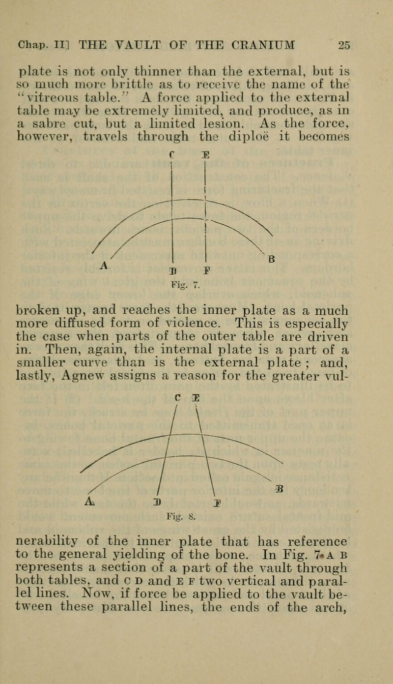 plate is not only thinner than the external, but is so much more brittle as to receive the name of the vitreous table. A force applied to the external table may be extremely limited, and produce, as in a sabre cut, but a limited lesion. As the force, however, travels through the diploe it becomes broken up, and reaches the inner plate as a much more diffused form of violence. This is especially the case when parts of the outer table are driven in. Then, again, the internal plate is a part of a smaller curve than is the external plate ; and, lastly, Agnew assigns a reason for the greater vul- nerability of the inner plate that has reference to the general yielding of the bone. In Fig. 7*a b represents a section of a part of the vault through both tables, and c d and e f two vertical and paral- lel lines. Now, if force be applied to the vault be- tween these parallel lines, the ends of the arch,