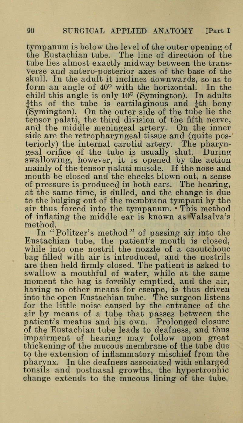 tympanum is below the level of the outer opening of the Eustachian tube. The line of direction of the tube lies almost exactly midway between the trans- verse and antero-posterior axes of the base of the skull. In the adult it inclines downwards, so as to form an angle of 40° with the horizontal. In the child this angle is only 10° (Symington). In adults fths of the tube is cartilaginous and Jth bony (Symington). On the outer side of the tube lie the tensor palati, the third division of the fifth nerve, and the middle meningeal artery. On the inner side are the retropharyngeal tissue and (quite pos- teriorly) the internal carotid artery. The pharyn- geal orifice of the tube is usually shut. During swallowing, however, it is opened by the action mainly of the tensor palati muscle. If the nose and mouth be closed and the cheeks blown out, a sense of pressure is produced in both ears. The hearing, at the same time, is dulled, and the change is due to the bulging out of the membrana tympani by the air thus forced into the tympanum. • This method of inflating the middle ear is known as Valsalva's method. In Politzer's method of passing air into the Eustachian tube, the patient's mouth is closed, while into one nostril the nozzle of a caoutchouc bag filled with air is introduced, and the nostrils are then held firmly closed. The patient is asked to swallow a mouthful of water, while at the same moment the bag is forcibly emptied, and the air, having no other means for escape, is thus driven into the open Eustachian tube. The surgeon listens for the little noise caused by the entrance of the air by means of a tube that passes between the patient's meatus and his own. Prolonged closure of the Eustachian tube leads to deafness, and thus impairment of hearing may follow upon great thickening of the mucous membrane of the tube due to the extension of inflammatory mischief from the pharynx. In the deafness associated with enlarged tonsils and postnasal growths, the hypertrophic change extends to the mucous lining of the tube,