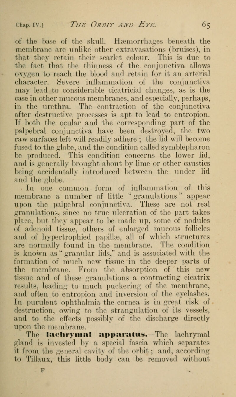 of the base of the skull. Haemorrhages beneath the membrane arc unlike other extravasations (bruises), in that they retain their scarlet colour. This is clue to the fact that the thinness of the conjunctiva allows oxygen to reach the blood and retain for it an arterial character. Severe inflammation of the conjunctiva may lead to considerable cicatricial changes, as is the case in other mucous membranes, and especially, perhaps, in the urethra. The contraction of the conjunctiva after destructive processes is apt to lead to entropion. If both the ocular and the corresponding part of the palpebral conjunctiva have been destroyed, the two raw surfaces left will readily adhere ; the lid will become fused to the globe, and the condition called symblepharon be produced. This condition concerns the lower lid, and is generally brought about by lime or other caustics being accidentally introduced between the under lid and the globe. In one common form of inflammation of this membrane a number of little granulations appear upon the palpebral conjunctiva. These are not real granulations, since no true ulceration of the part takes place, hut they appear to be made up, some of nodules of adenoid tissue, others of enlarged mucous follicles and of hypertrophicd papillae, all of which structures are normally found in the membrane. The condition is known as  granular lids, and is associated with the formation of much new tissue in the deeper parts of the membrane. From the absorption of this new tissue and of these granulations a contracting cicatrix results, leading to much puckering of the membrane, and often to entropion and inversion of the eyelashes. In purulent ophthalmia the cornea is in great risk of destruction, owing to the strangulation of its vessels, and to the effects possibly of the discharge directly upon the membrane. The lachrymal apparatus.—The lachrymal gland is invested by a special fascia which separates it from the general cavity of the orbit ; and, according to Tillaux, this little body can be removed without