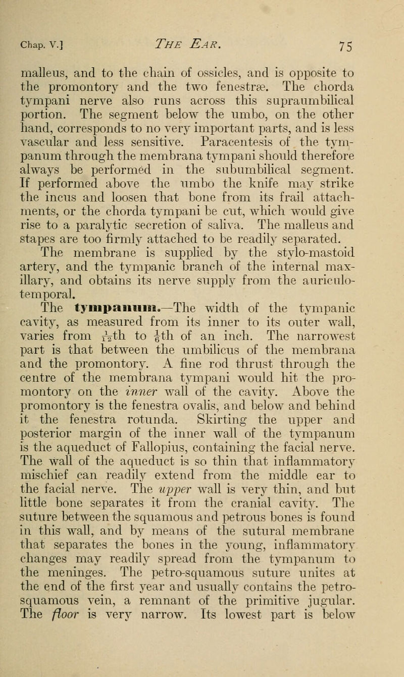 malleus, and to the chain of ossicles, and is opposite to the promontory and the two fenestra?. The chorda tympani nerve also runs across this supraumbilical portion. The segment below the umbo, on the other hand, corresponds to no very important parts, and is less vascular and less sensitive. Paracentesis of the tym- panum through the membrana tympani should therefore always be performed in the subumbilical segment. If performed above the umbo the knife may strike the incus and loosen that bone from its frail attach- ments, or the chorda tympani be cut, which would give rise to a paralytic secretion of saliva. The malleus and stapes are too firmly attached to be readily separated. The membrane is supplied by the stylo-mastoid artery, and the tympanic branch of the internal max- illary, and obtains its nerve supply from the auriculo- temporal. The tympanum.—The width of the tympanic cavity, as measured from its inner to its outer wall, varies from r^th to \Xh of an inch. The narrowest part is that between the umbilicus of the membrana and the promontory. A fine rod thrust through the centre of the membrana tympani would hit the pro- montory on the inner wall of the cavity. Above the promontory is the fenestra ovalis, and below and behind it the fenestra rotunda. Skirting the upper and posterior margin of the inner wall of the tympanum is the aqueduct of Fallopius, containing the facial nerve. The wall of the aqueduct is so thin that inflammatory mischief can readily extend from the middle ear to the facial nerve. The upper wall is very thin, and but little bone separates it from the cranial cavity. The suture between the squamous and petrous bones is found in this wall, and by means of the sutural membrane that separates the bones in the young, inflammatory changes may readily spread from the tympanum to the meninges. The petro-squanions suture unites at the end of the first year and usually contains the petro- squamous vein, a remnant of the primitive jugular. The floor is very narrow. Its lowest part is below