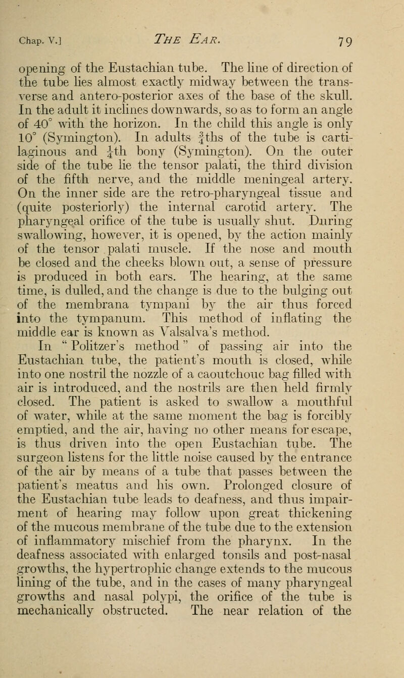 opening of the Eustachian tube. The line of direction of the tube lies almost exactly midway between the trans- verse and antero-posterior axes of the base of the skull. In the adult it inclines downwards, so as to form an angle of 40° with the horizon. In the child this angle is only 10° (Symington). In adults fths of the tube is carti- laginous and Jth bony (Symington). On the outer side of the tube lie the tensor palati, the third division of the fifth nerve, and the middle meningeal artery. On the inner side are the retro-pharyngeal tissue and (quite posteriorly) the internal carotid artery. The pharyngeal orifice of the tube is usually shut. During swallowing, however, it is opened, by the action mainly of the tensor palati muscle. If the nose and mouth be closed and the cheeks blown out, a sense of pressure is produced in both ears. The hearing, at the same time, is dulled, and the change is due to the bulging out of the membrana tympani by the air thus forced into the tympanum. This method of inflating the middle ear is known as Valsalva's method. In  Politzer's method of passing air into the Eustachian tube, the patient's mouth is closed, while into one nostril the nozzle of a caoutchouc bag filled with air is introduced, and the nostrils are then held firmly closed. The patient is asked to swallow a mouthful of water, while at the same moment the bag is forcibly emptied, and the air, having no other means for escape, is thus driven into the open Eustachian tube. The surgeon listens for the little noise caused by the entrance of the air by means of a tube that passes between the patient's meatus and his own. Prolonged closure of the Eustachian tube leads to deafness, and thus impair- ment of hearing may follow upon great thickening of the mucous membrane of the tube due to the extension of inflammatory mischief from the pharynx. In the deafness associated with enlarged tonsils and post-nasal growths, the hypertrophic change extends to the mucous lining of the tube, and in the cases of many pharyngeal growths and nasal polypi, the orifice of the tube is mechanically obstructed. The near relation of the