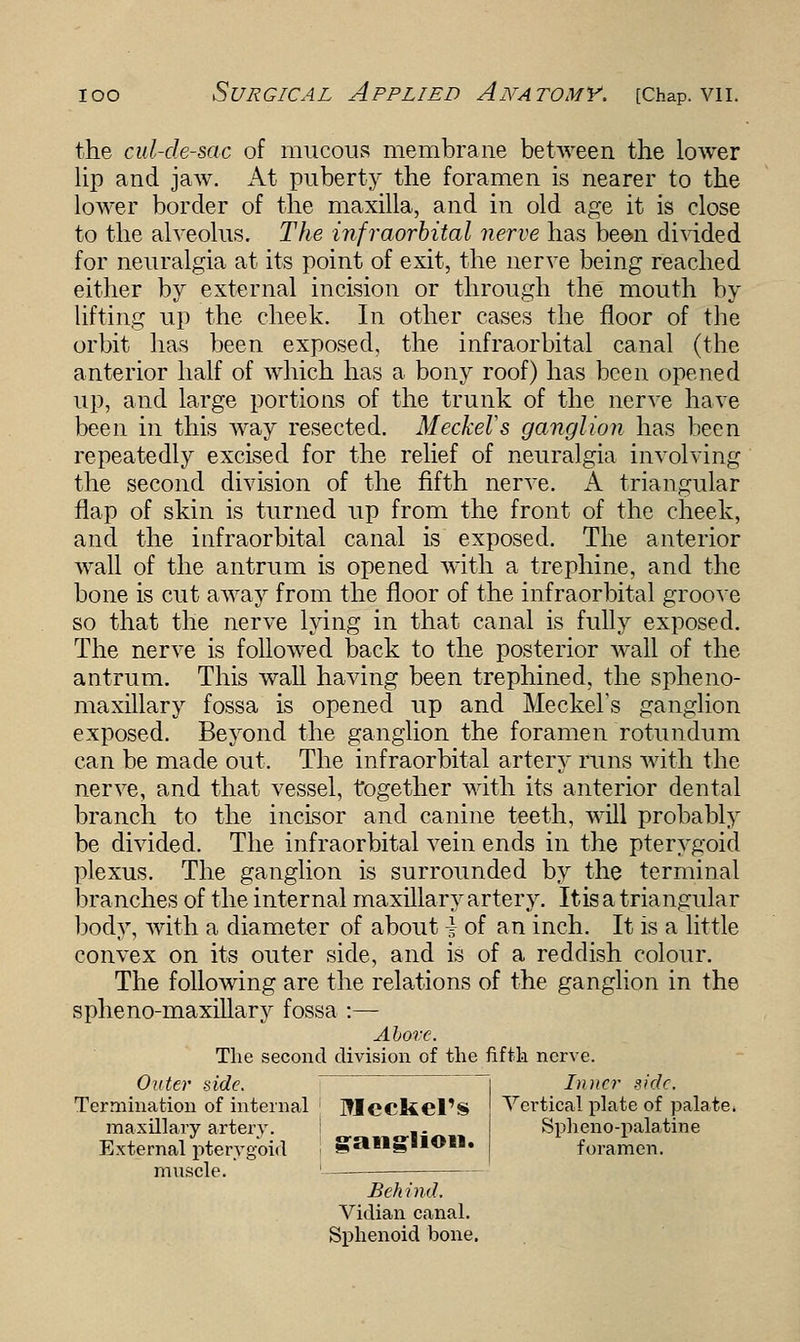 the cul-de-sac of mucous membrane between the lower lip and jaw. At puberty the foramen is nearer to the lower border of the maxilla, and in old age it is close to the alveolus. The infraorbital nerve has been divided for neuralgia at its point of exit, the nerve being reached either by external incision or through the mouth by lifting up the cheek. In other cases the floor of the orbit has been exposed, the infraorbital canal (the anterior half of which has a bony roof) has been opened up, and large portions of the trunk of the nerve have been in this way resected. Meckel's ganglion has been repeatedly excised for the relief of neuralgia involving the second division of the fifth nerve. A triangular flap of skin is turned up from the front of the cheek, and the infraorbital canal is exposed. The anterior wall of the antrum is opened with a trephine, and the bone is cut away from the floor of the infraorbital groove so that the nerve lying in that canal is fully exposed. The nerve is followed back to the posterior wall of the antrum. This wall having been trephined, the spheno- maxillary fossa is opened up and Meckel's ganglion exposed. Beyond the ganglion the foramen rotundum can be made out. The infraorbital artery runs with the nerve, and that vessel, together with its anterior dental branch to the incisor and canine teeth, will probably be divided. The infraorbital vein ends in the pterygoid plexus. The ganglion is surrounded by the terminal branches of the internal maxillary artery. It is a triangular body, with a diameter of about -i of an inch. It is a little convex on its outer side, and is of a reddish colour. The following are the relations of the ganglion in the spheno-maxillary fossa :— Above. The second division of the fifth nerve. Outer side. Termination of internal UlecRel'S maxillary artery. i _. External pterygoid ganglion. muscle. Behind. Vidian canal. Sphenoid bone. Inner side. Yertical plate of palate. Sphenopalatine foramen.