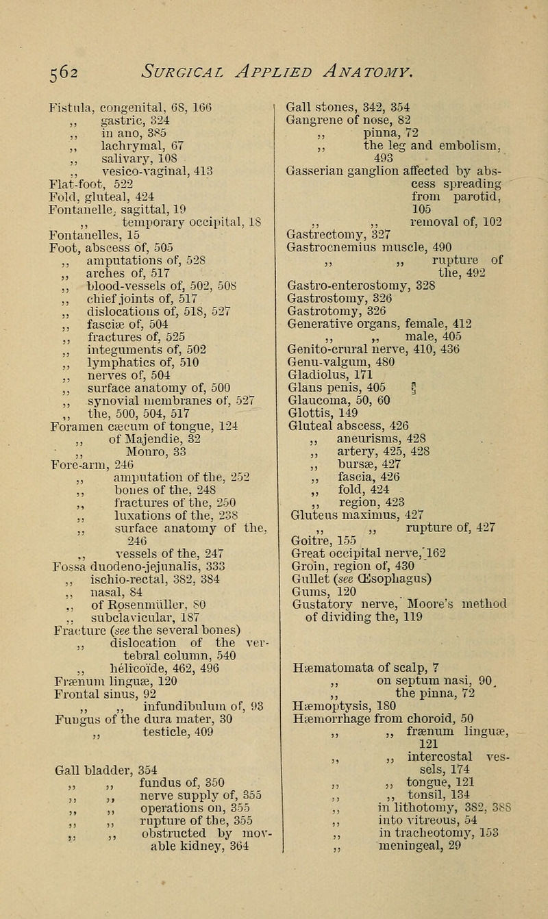 Fistula, congenital, 6S, 166 ,, gastric, 324 ,, in ano, 385 ,, lachrymal, 67 ,, salivary, 10S ., vesico-vaginal, 413 Flat-foot, 522 Fold, gluteal, 424 Fontanelle,. sagittal, 19 ,, temporary occipital, 18 Fontanelles, 15 Foot, abscess of, 505 ,, amputations of, 528 ,, arches of, 517 ,, blood-vessels of, 502, 508 ,, chief .joints of, 517 ,, dislocations of, 518, 527 ,, fasciae of, 504 ,, fractures of, 525 ,, integuments of, 502 „ lymphatics of, 510 ,, nerves of, 504 ,, surface anatomy of, 500 ,, synovial membranes of, 527 ,, the, 500, 504, 517 Foramen caecum of tongue, 124 ,, of Majendie, 32 ,, Monro, 33 Fore-arm, 246 ,, amputation of the, 252 ,, bones of the, 248 ,, fractures of the, 250 ,, luxations of the, 238 ,, surface anatomy of the. 246 ,, vessels of the, 247 Fossa duodeno-jejunalis, 333 ,, ischio-rectal, 3S2, 384 ,, nasal, 84 ,, of Rosenmuller, SO ,, subclavicular, 187 Fracture (see the several bones) ,, dislocation of the ver- tebral column, 540 ,, helicoide, 462, 496 Frsenum linguae, 120 Frontal sinus, 92 ,, ,, infundibulum of, 93 Fungus of the dura mater, 30 ,, testicle, 409 Gall bladder, 354 ,, fundus of, 350 nerve supply of, 855 operations on, 355 rupture of the, 355 obstructed by mov- able kidney, 364 Gall stones, 342, 354 Gangrene of nose, 82 ,, pinna, 72 ,, the leg and embolism. 493 Gasserian ganglion affected by abs- cess spreading from parotid, 105 ,, ,, removal of, 102 Gastrectomy, 327 Gastrocnemius muscle, 490 ,, ,, rupture of the, 492 Gastroenterostomy, 328 Gastrostomy, 326 Gastrotomy, 326 Generative organs, female, 412 ,, ,, male, 405 Genito-crural nerve, 410, 436 Genu-valgum, 480 Gladiolus, 171 Glaus penis, 405 (J Glaucoma, 50, 60 Glottis, 149 Gluteal abscess, 426 ,, aneurisms, 428 ,, artery, 425, 42S ,, bursa?, 427 ,, fascia, 426 „ fold, 424 ,, region, 423 Gluteus maximus, 427 ,, ,, rupture of, 427 Goitre, 155 Great occipital nerve/162 Groin, region of, 430 Gullet (see CKsophagus) Gums, 120 Gustatory nerve, Moore's method of dividing the, 119 Hyematomata of scalp, 7 ,, on septum nasi, 90 A ,, the pinna, 72 Haemoptysis, 180 Haemorrhage from choroid, 50 ,, ,, frsenum lingua?, 121 ,, ,, intercostal ves- sels, 174 ,, s, tongue, 121 ,, ,, tonsil, 134 ,, in lithotomy, 3S2, 388 ,, into vitreous, 54 ,, in tracheotomy, 153 ,, meningeal, 29
