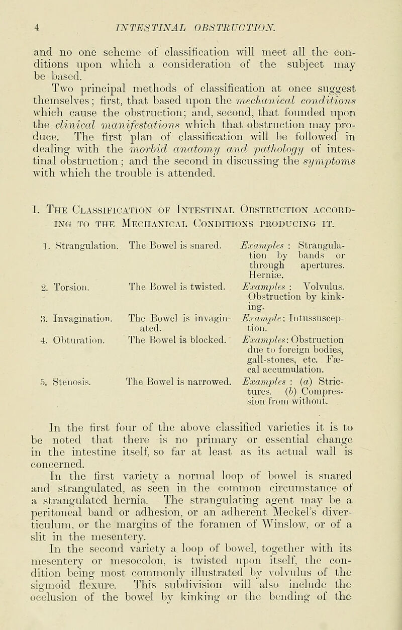 and no one scheme of classification will meet all the con- ditions upon which a consideration of the subject may be based. Two principal methods of classification at once suggest themselves; first, that based upon the mechanical conditions Avhich cause the obstruction; and, second, that founded upon the clinical manifestations which that obstruction may pro- duce. The first plaii of classification will be followed in dealing with the morbid anatomy and 2xcthology of intes- tinal obstruction; and the second in discussing the symptoms with Avhich the trouble is attended. 1. The Classification of Intestinal Obstruction accord- ing to THE Mechanical Conditions producing it. 1. Strangulation. The Bowel is snared. Examj^les : Strangula- tion by bands or through apertures. Hernise. 2. Torsion. The Bowel is twisted. Exairvples : Volvukis. Obstruction by kink- ing. 3. Invagination. The Bowel is invagin- Example: Intussuscep- ated. tion. 4. Obturation. The Bowel is blocked. ^aamp(ff«: Obstruction due to foreign bodies, gall-stones, etc. Fae- cal accumulation. 5. Stenosis. The Bowel is narrowed. Example?, : (a) Stric- tures. (&) Compres- sion from without. In the first four of the above classified varieties it is to be noted that there is no primary or essential change in the intestine itself, so far at least as its actual wall is concerned. In the first variety a normal loop of bowel is snared and strangulated, as seen in the common circumstance of a strangulated hernia. The strangulating agent may be a peritoneal band or adhesion, or an adherent Meckel's diver- ticulum, or the margins of the foramen of Winslow, or of a slit in the mesentery. In the second variety a loop of bowel, together with its mesentery or mesocolon, is twisted upon itself, the con- dition being most conmionly illustrated by volvulus of the sigmoid flexure. This subdivision will also include the occlusion of the bowel by kinking or the bending of the